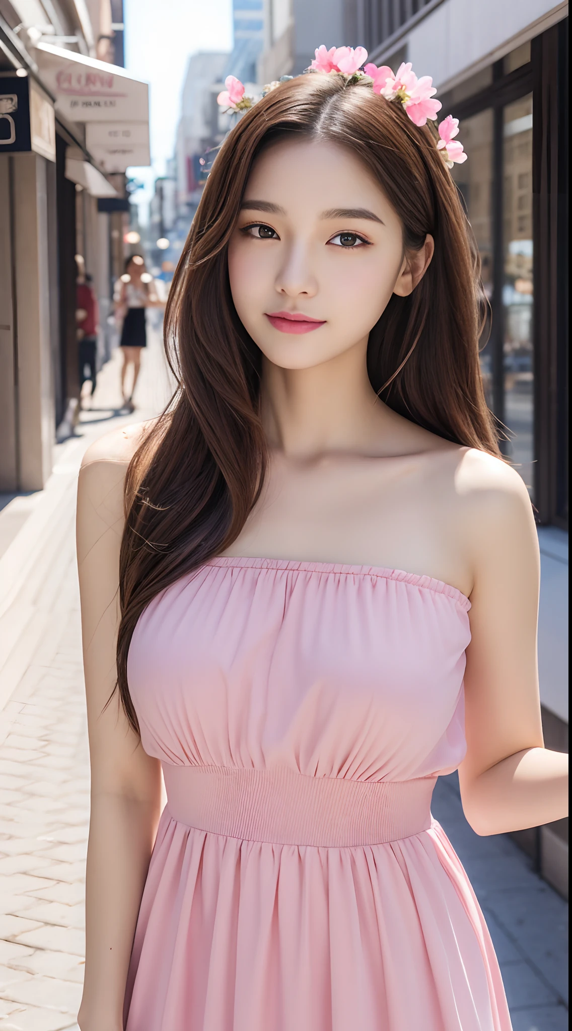 Walk the streets of the city,One lady、 Bandeau Dress, Wearing long gorgeous clothes, Wearing a long dress with pink flowers, cute couple, shopping, In the city, highly detailed beautiful girl, Highly detailed face, Highly detailed eyes, highly detailedskin, extremely detailed fingers, highly detailed nose, very detailed detailed mouth