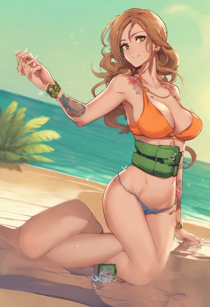 nami \(one piece\), 1girl, bangle, bangs, bare shoulders, belt, bikini, bikini top only, bracelet, breasts, brown eyes, bubble, cleavage, denim, earrings, floating hair, green belt, green bikini, groin, jeans, jewelry, large breasts, long hair, looking at own body, navel, orange hair, pants, shoulder tattoo, sidelocks, sky, smile, solo, stomach, swimsuit, tattoo, angry, crossed arms, (sweaty:1,2), shy, flusttered, , ((masterpiece))