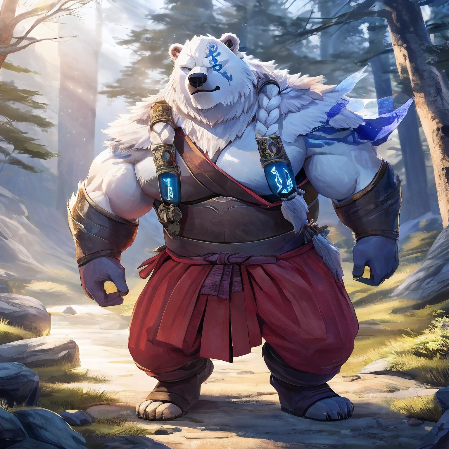 solo focus,detailed background,volibear,braid,white fur,blue sclera,black pupils,bear,furry male,bara,sleep,forest,chubby,detailed background,sunlight,lighting,particles,wind,tree,radiant light,detailed environment,digital art,japanese clothing,beautiful detailed eyes,full-length portrait,absurd res,abs,bare shoulders,looking up,chubby male,muscular male,musclegut,glistening body,glistening hair,male,dominant male,