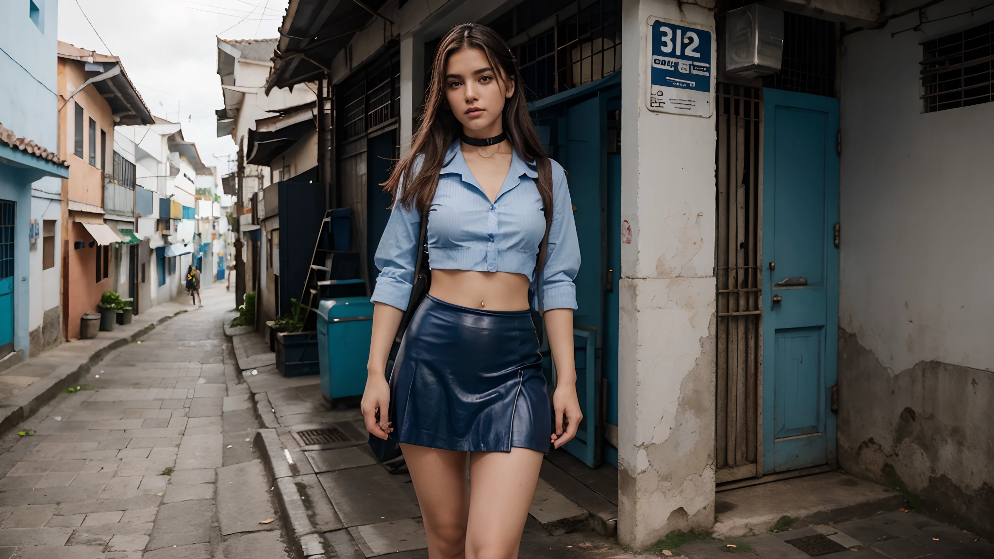 Schoolgirl, menina bonita, 19 anos, loira platinada, nsfw, muito bonita, athletic, cabelos loiros, olhos azuis, red-lips, franja, usando uniforme escolar, saia plissada azul escura muito curta, pernas grossas, pernas bonitas, cintura estreita, meias brancas de coxa saia azul plissada curta, dark blue mini-skirt, camisa branca de manga comprita, seios pequenos, mamilos rosados, porcelain skin, The girl is wearing a black leather choker, the girl is wearing a school uniform, meias brancas de coxa The girl is standing on a street in a cyberpunk city, sob o sol do meio dia.