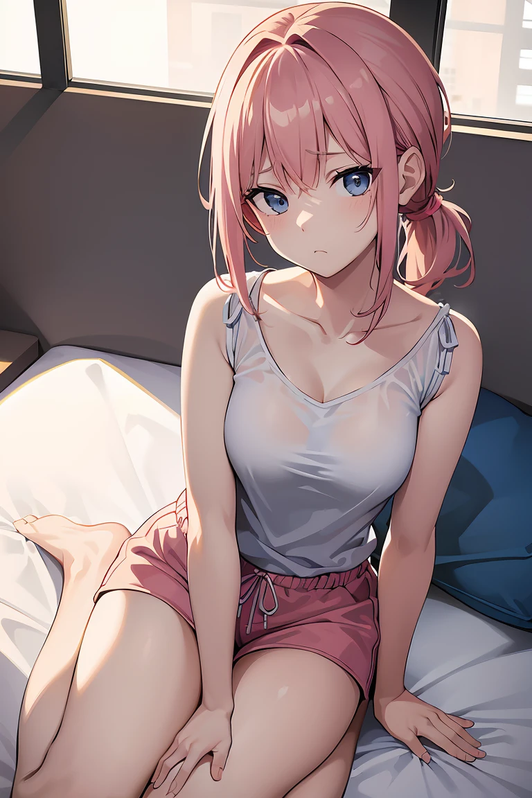 masterpiece:1.2, best quality, ((ultra detailed)), high resolution, 2d, anime style , photo, photography, detailed background, ((pink hair,medium hair,low ponytail,medium breasts))
BREAK
solo,(droopy eyes:1.3),fourty years old, (sexy woman, tall face, tall female)), ((slender blue eyes;1.2)),
BREAK 
sittng,wariza,bedroom,pajama,shorts,pouty,((Puffing one’s cheeks))
BREAK
pastel colors:1.4, solid paint:1.2, saturated color, contour