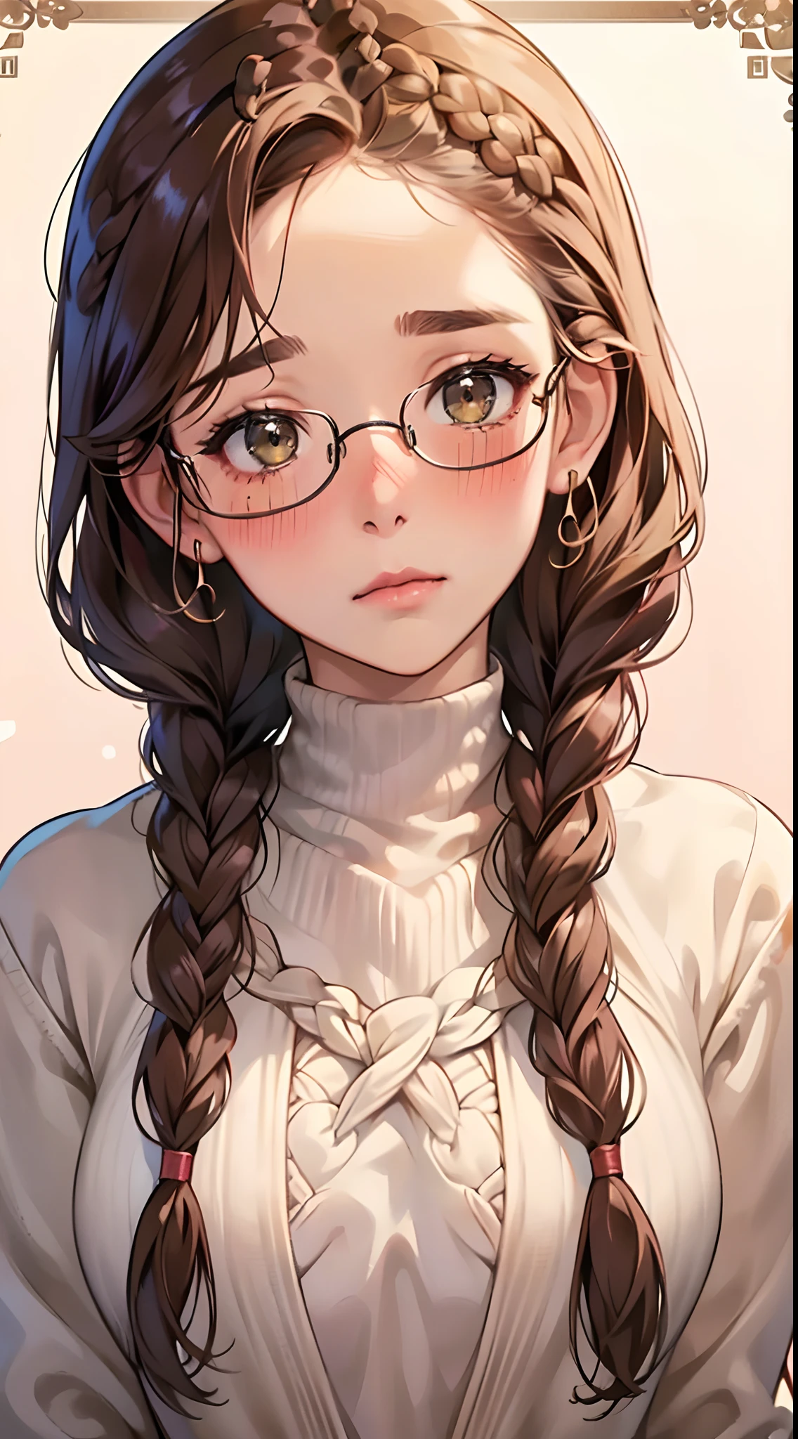 1womanl,Brown hair, ,((Impatient expression)),Beautiful breasts,Sweater knitwear,well-styled,,(Facing the front)(((Blushing cheeks、Surprised look)),(((Braids))),((( Upper body portrait)))Frameless glasses