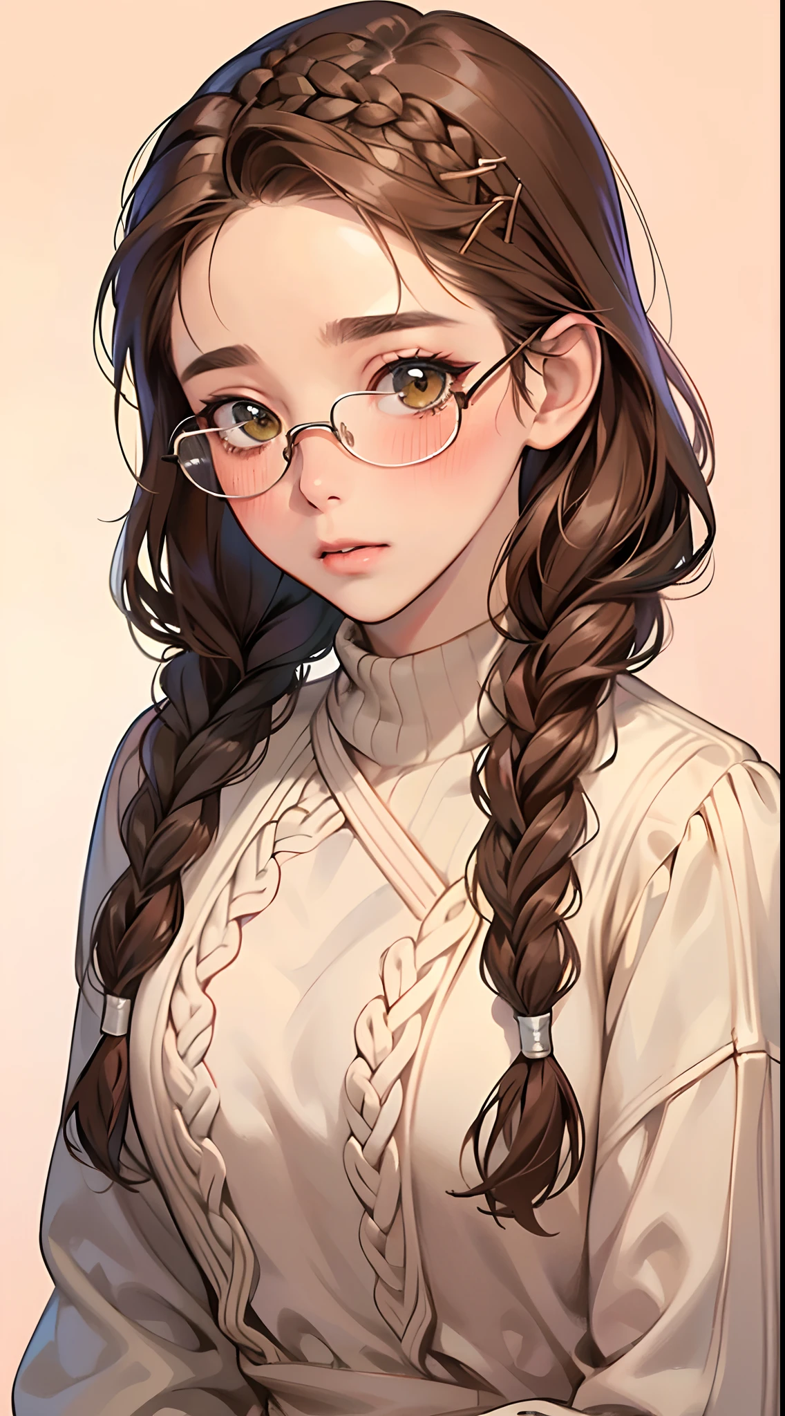 1womanl,Brown hair, ,((Impatient expression)),Beautiful breasts,Sweater knitwear,well-styled,,(Facing the front)(((Blushing cheeks、Surprised look)),(((Braids))),((( Upper body portrait)))Frameless glasses