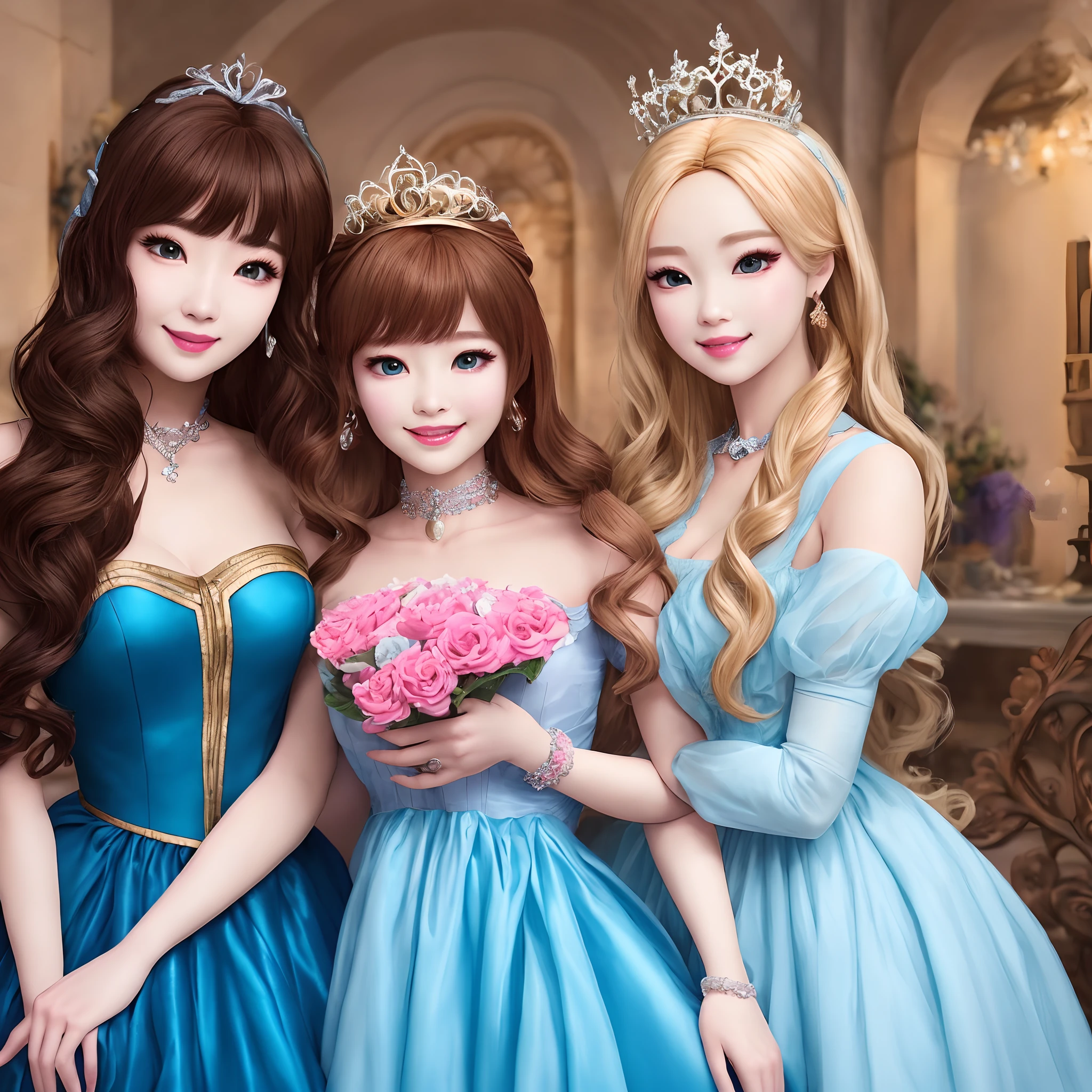 Realistic cosplay from 'Barbie: The Princess and the Pauper' Dahyun as the pauper Erika: Brown hair, blue dress, light brown skin, blue eyes.
Nayeon as Princess Anneliese: Blonde, pink dress, blue eyes.