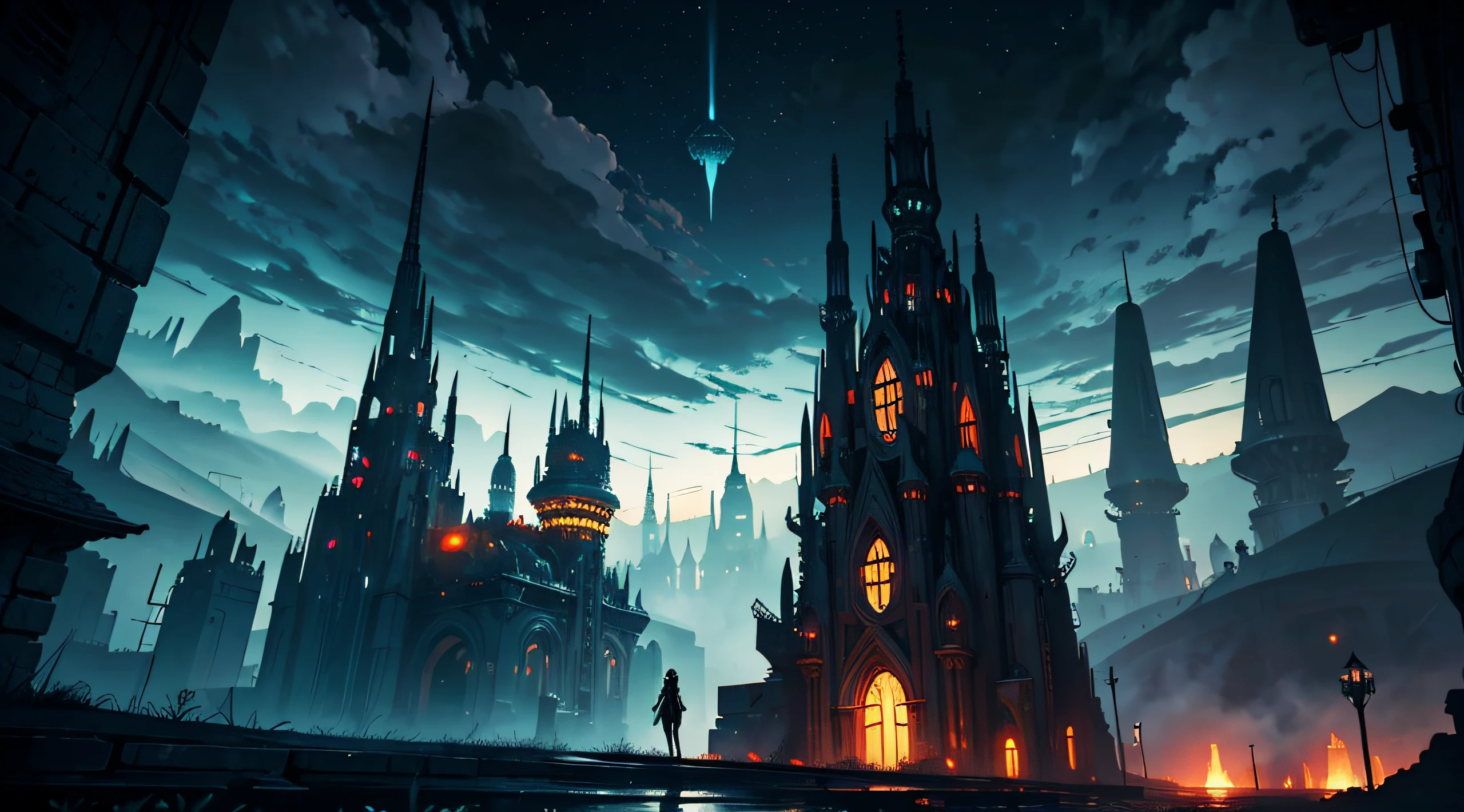 Dark Fantasy, The fantastic scenery, highly detailed landscape, Moonlight, Alien City The Future of Science Fiction, dark art, Dystopian atmosphere, Mechanical and retro world, land like cappadocia, light from building windows, Strange architecture and streets inspired by Antonio Gaudi, dark sky, Overcast sky, grey sky, Retro analog synthesizer shape, Mechanized anime girl playing a retro analog synthesizer