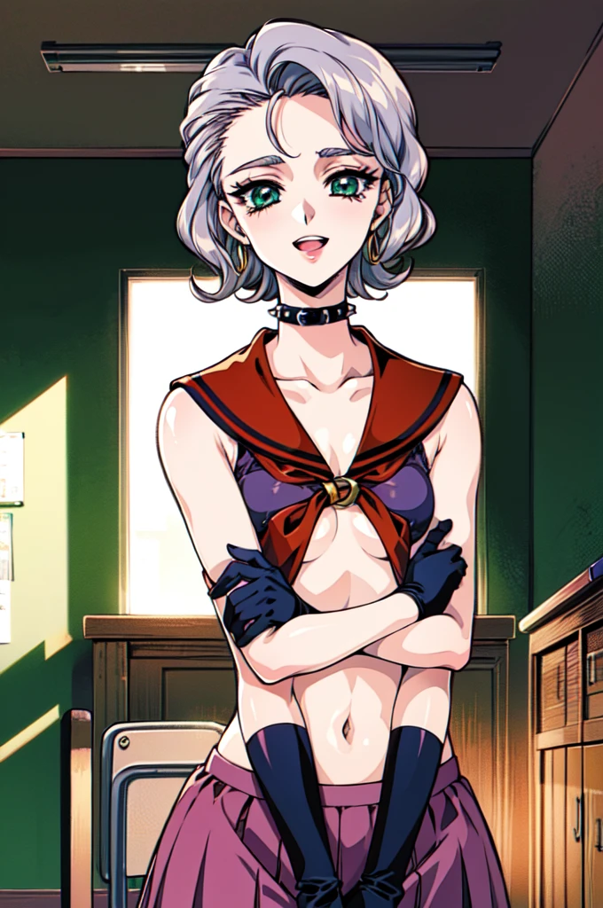 "(masterpiece:1.1), best quality, (NSFW:1.1),
1girl, gyaru, (80s anime style:1.3), (eyelashes:1.5),
(intricate high detailed body:1.2),
(silver hair:1.1),
(hair slicked back:1.2), (short hair, wavy hair:1.1),
green eyes, (red lip stick:1.1),
(pale skin:1.1), (slim body:1.2), (small breasts, flat chest:1.1),
grin, open mouth,
(school uniform, skirt, midriff peek:1.1),
spiked, garter belt, long gloves, hoop earrings, collar, hair ornament,
standing, crossed arms,
upper body,
(classroom:1.2)"