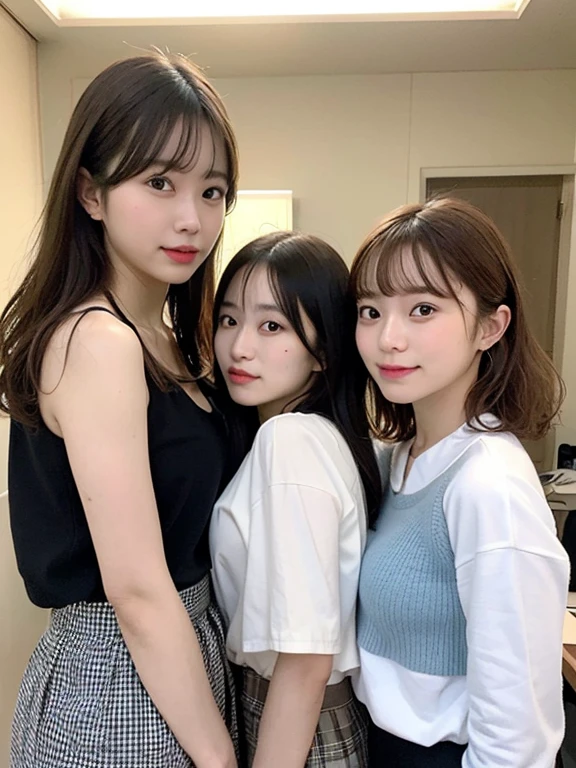 Group photo of three close friends, portrait of a japanese ,(Best Quality,4K,8K,hight resolution,masutepiece:1.2),Ultra-detailed,(Realistic,Photorealistic,Photorealsitic:1.37),cute-style,dian,Dribbling High Detail 8K,Studio Lighting - V 6, Random cute pleated skirt,Randomly cute clothes, Random Faces, Random curly hair, bangss, bare-legged