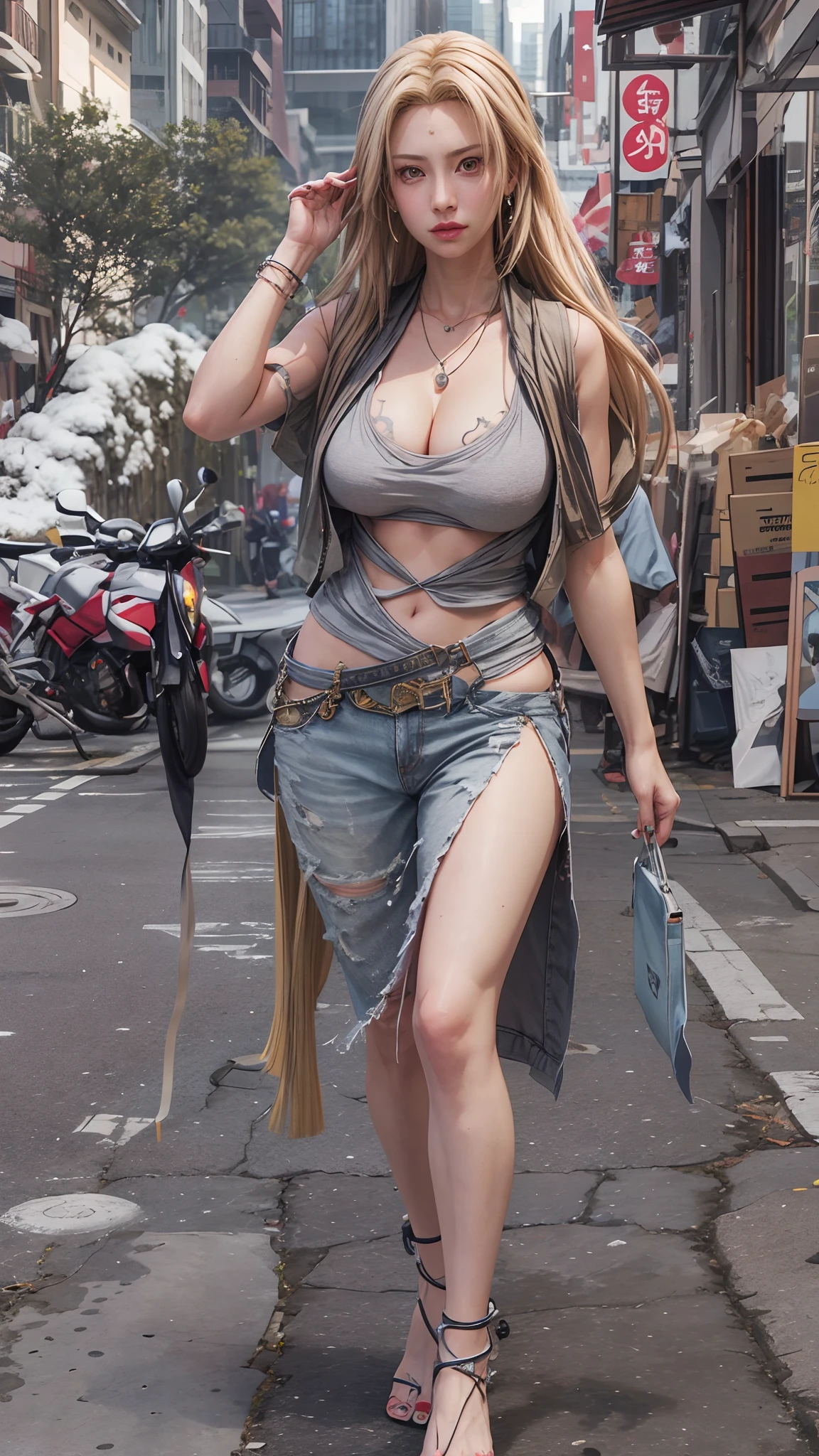 realistic, 1girls, Tsunade, best quality, 12k, HD, long hair, big round breasts, cleavage, ponytail, necklace, jewelry, shorts, slim hips, hair band, yellow eyes, yellow hair, super detailed, Eye details , hair details, person details, mouth details, face details, breast details, clothes details, hair details, pants details, hand details, whole body