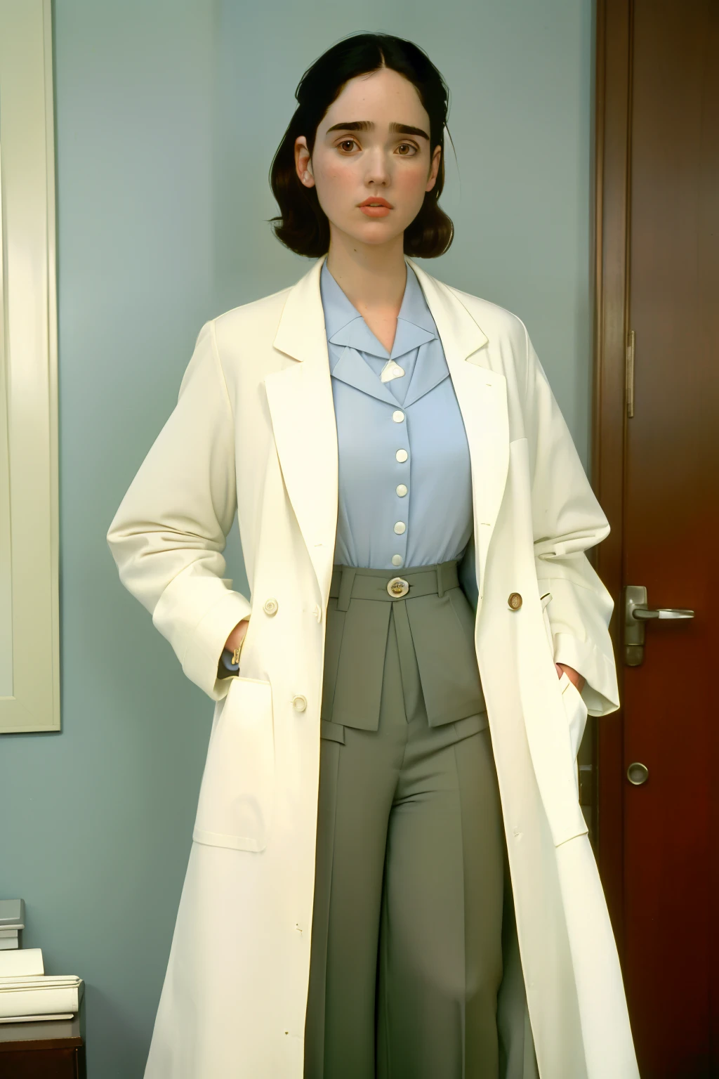 1995, Boston. Pre-raphaelite ((((40-year-old)) jennifer connelly)), doctor, hospital office, working, ((((casual Clothing from the 1990s, tailored pants and bouse, white coat)))) ((short Hairstyle of the 1990s)), ((Wes Anderson cinematic style)), colorful