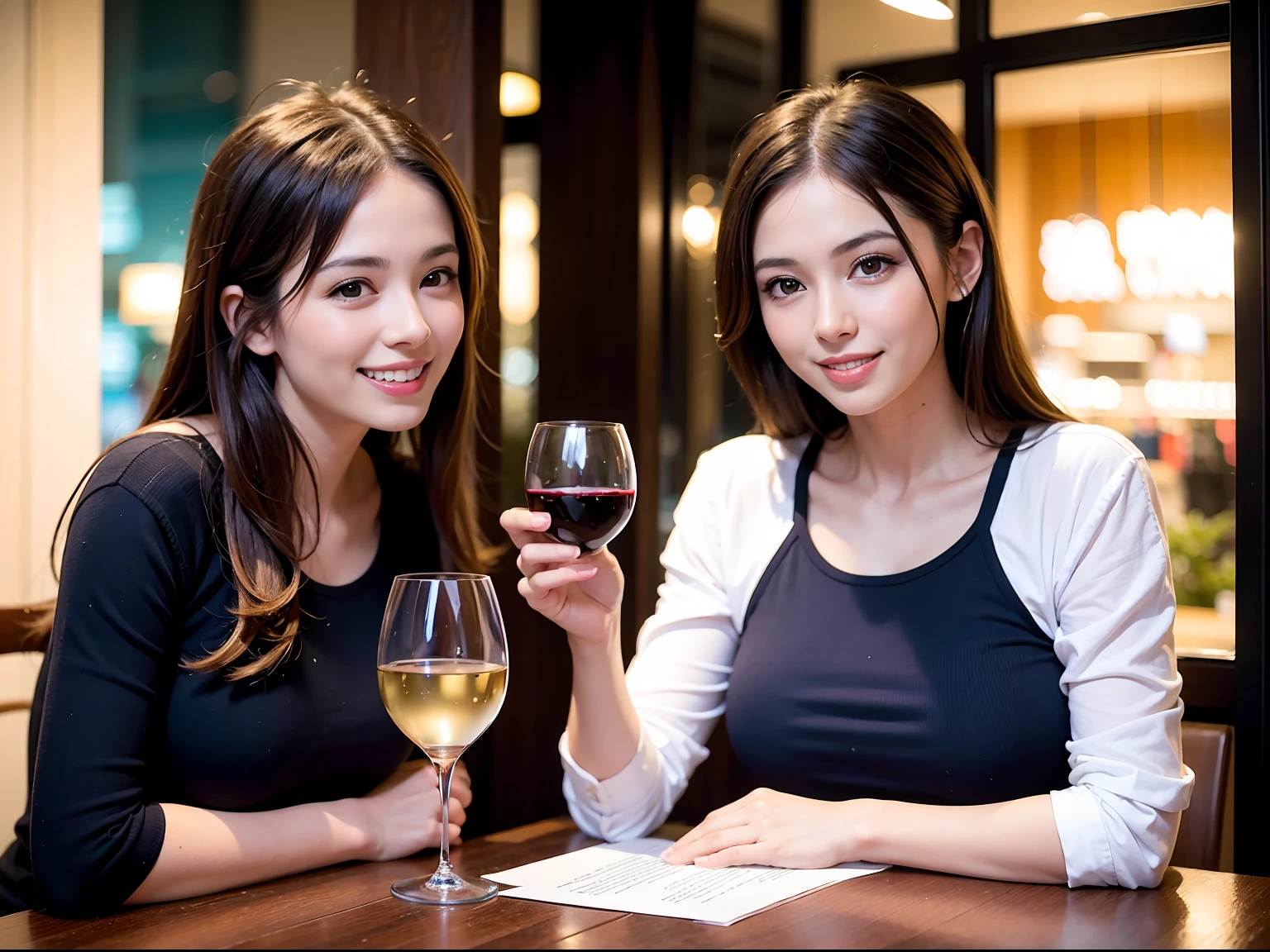 (Realistic:1.1),(masterpiece,Highest quality),8k,(49 years old), 53 years old, ベリーslimボディ、slimカップル、Tight waist,Upper Body,full-course dinner、wine 、Amazing view of the sunset sky and clouds、Perfect Anatomy, Brown Hair, short hair,Random Hairstyles,((Highly detailed face and eyes:1.2)),Perfect golden ratio face,Long sleeve shirt、dress,(smile:1.2)、Shortcuts、cute、(Realistic, Intricate details:1.2), A bright smile、short hair,Bright Face、赤wine 、Appetizers、Italian food、wine bottle、Champagne、スパークリングwine、(slimな顔), (The body is slim), (Brown Hair), (Shortcuts), Upper Body, 白wine, slim, wineグラス,