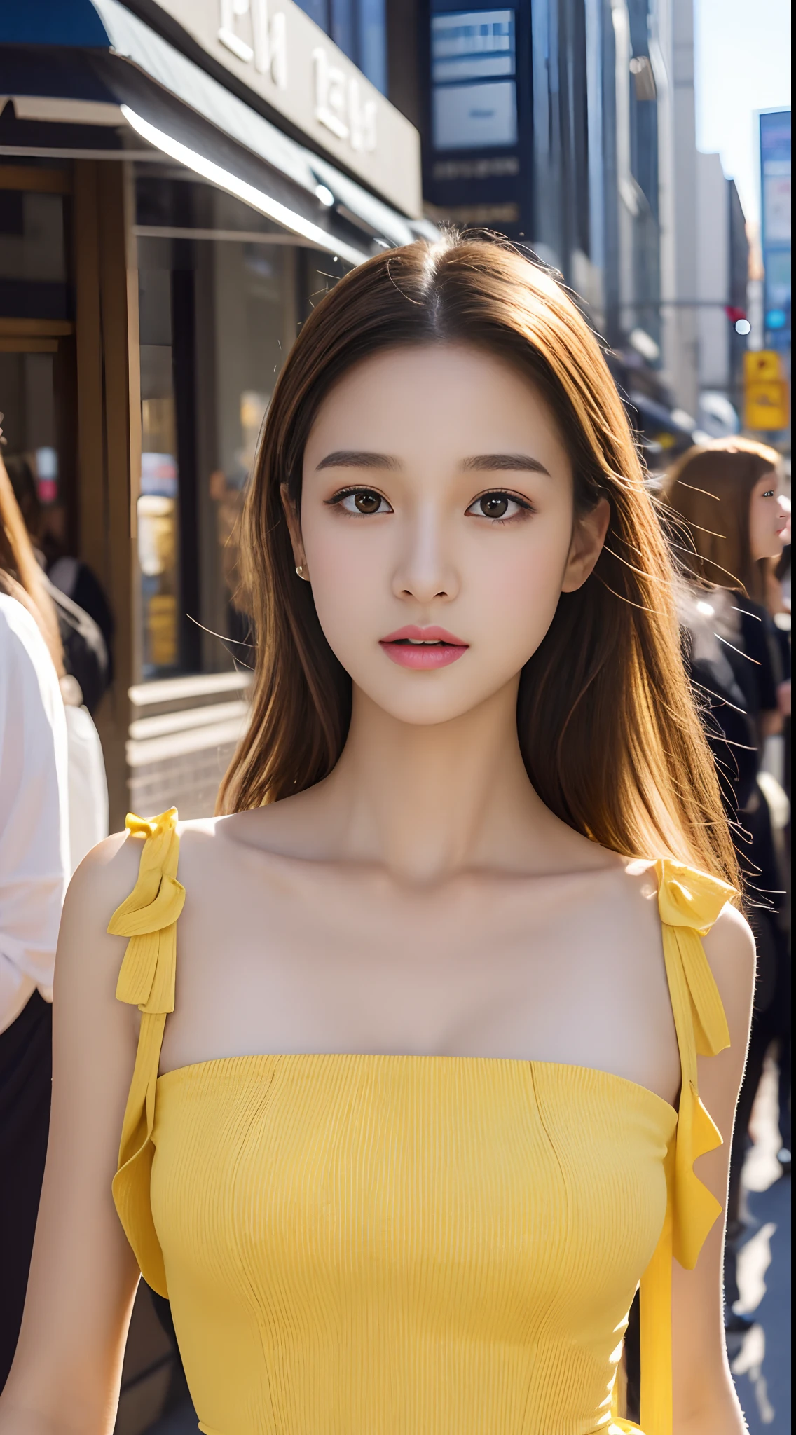 Walk the streets of the city,One lady、 Bandeau Dress, Wearing long gorgeous clothes, wearing a long yellow flower dress, shopping, In the city, highly detailed beautiful girl, Highly detailed face, Highly detailed eyes, highly detailedskin, extremely detailed fingers, highly detailed nose, very detailed detailed mouth