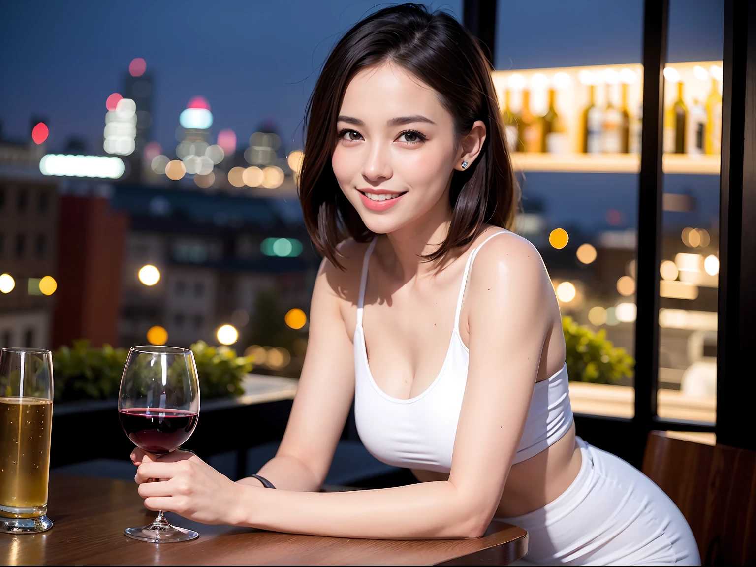(64K, UHD, top quality, masterpiece: 1.2), (realistic, photorealistic: 1.37), super detailed, pretty woman 1 person, (slim face), (slim body), (brown hair), (short cut), cheeks slightly blushing, (41 years old), 38 years old, solo, outside the window is a beautiful detailed urban night view, restaurant, wine glasses sit, at night, in a prominent place (from the waist up) NovaFrogStyle, Actress, Model, Waist Up, White Wine, Slim, Wine Glass, Super Clean Night View, Wine Glass Put in the Middle, Happy Smile, (Smile: 1.15), Beautiful Fine Eyes, Upper Body, Bust Japan Up, Night, Short, Short, Actress, Model, Waist Up, White Wine, Slim, Wine Glass, Super Clean Night View, Wine Glass Put in the Middle, Happy Smile,