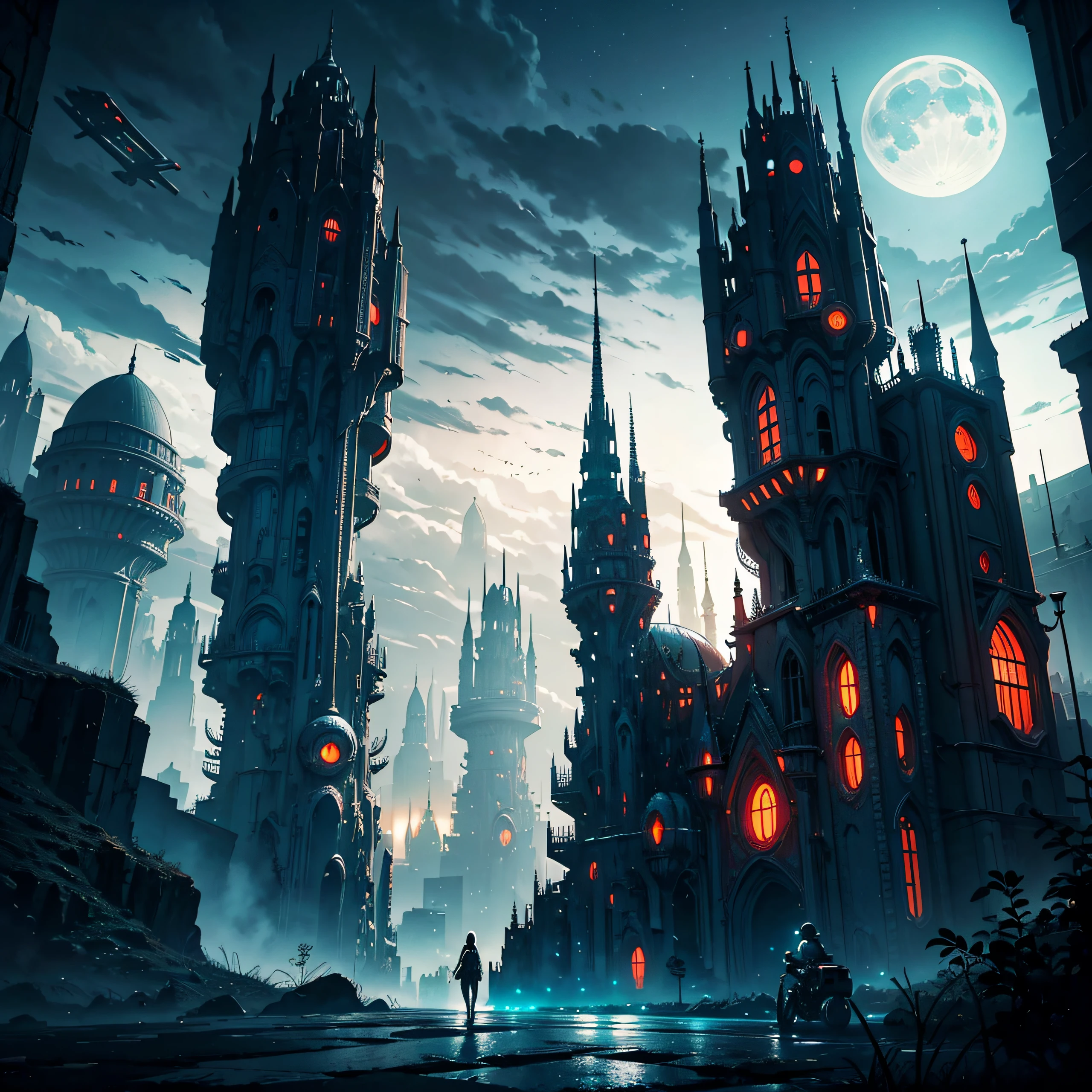 Dark Fantasy, The fantastic scenery, highly detailed landscape, Moonlight, Alien City　The Future of Science Fiction, dark art, Dystopian atmosphere, Mechanical and retro world, land like cappadocia, light from building windows, Strange architecture and streets inspired by Antonio Gaudi, dark sky, Overcast sky, grey sky, Retro analog synthesizer shape, Mechanized anime girl playing a retro analog synthesizer