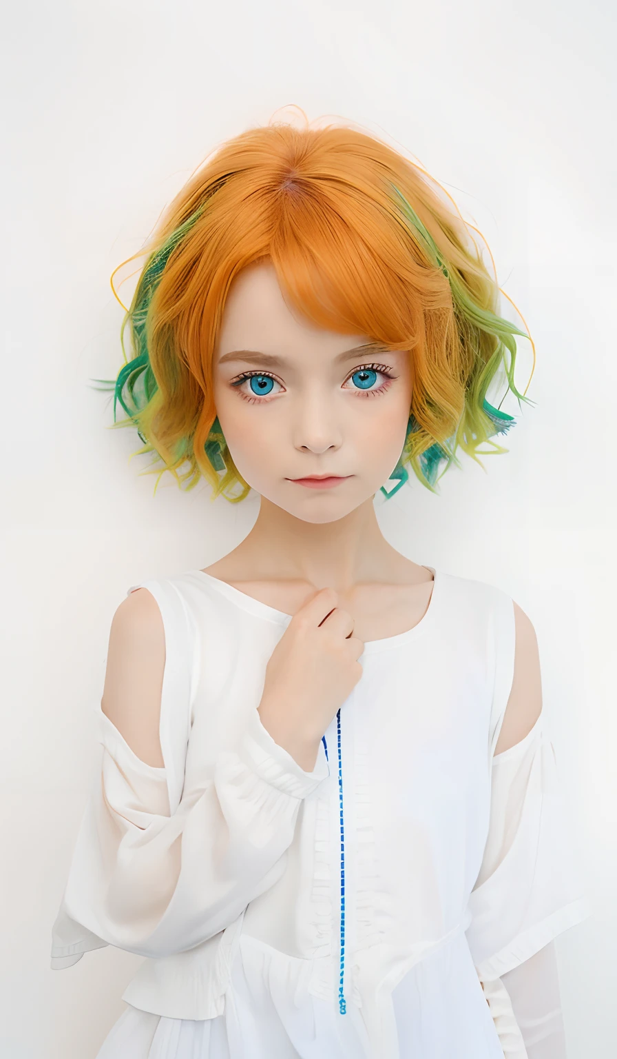 1girl, orange green hairs, blue eyes, white clothes, scar on the neck