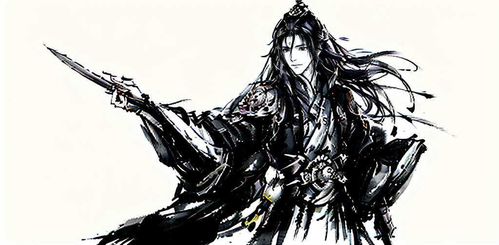 Characteristics of long-haired men in black cloaks，black haired deity，black hair longhair，Yang J，brunette color hair，flowing dark hair，Long black hair，Fan Art Best Art，deadly character art，handsome guy in demon killer art，zhao yun，FAN Qi，Belle peinture de personnage，2.5D CGI anime fantasy artwork，holding a long spear，Raise a hand