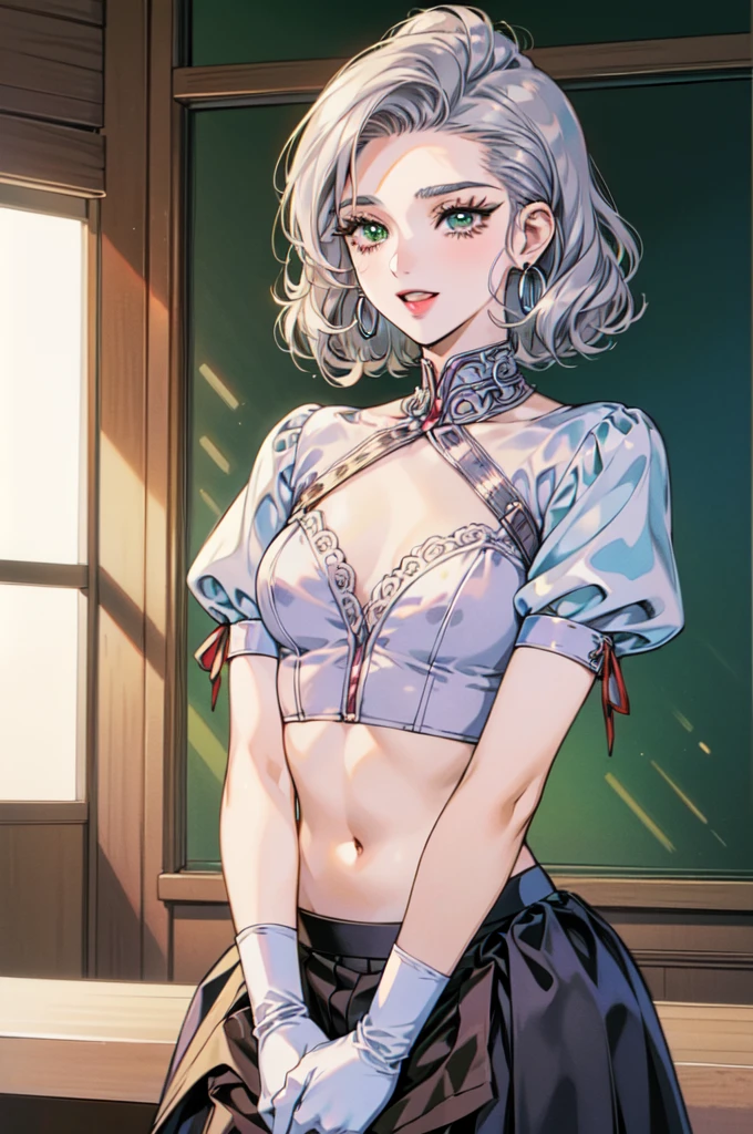 "(masterpiece:1.1), best quality, (NSFW:1.1),
1girl, gyaru, (80s anime style:1.3), (eyelashes:1.5),
(intricate high detailed body:1.2),
(silver hair:1.1),
(hair slicked back:1.2), (short hair, wavy hair:1.1),
green eyes, (red lip stick:1.1),
(pale skin:1.1), (slim body:1.2), (small breasts, flat chest:1.1),
grin, open mouth,
(school uniform, skirt, midriff peek:1.1),
spiked, garter belt, long gloves, hoop earrings, collar, hair ornament,
standing, crossed arms,
upper body,
(classroom:1.2)"