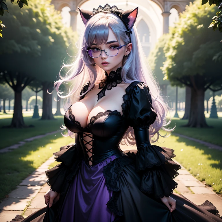 une femme adulte avec des lunettes dans un parc , la nuit, pleine lune , Black wedding dress with sleeves, Robe moulante, robe près du corps, black wedding viel, Lolita , gothiques, long skirt, cat ears, white stockings, Dark and purple hair, cheveux noirs et mèches violettes, oreilles de chat sur la tête, gros seins, belle poitrine , Décolleté important, Avatar de seconde vie, Belle capture d’écran, charme , Seconde vie, Plan rapproché entre les jambes , femme séduisante, portant des lunettes noires brillantes