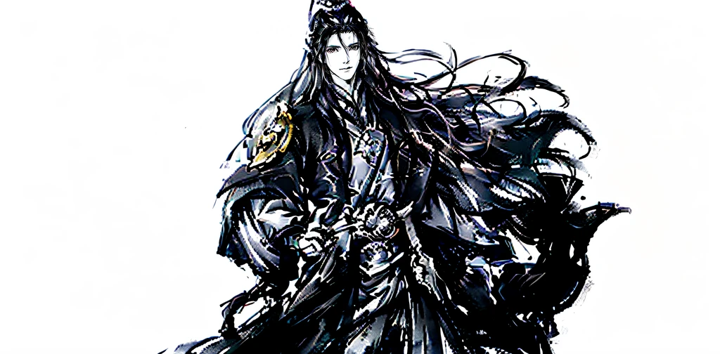 Characteristics of long-haired men in black cloaks，black haired deity，black hair longhair，Yang J，brunette color hair，flowing dark hair，Long black hair，Fan Art Best Art，deadly character art，handsome guy in demon killer art，zhao yun，FAN Qi，Belle peinture de personnage，2.5D CGI anime fantasy artwork，holding a long spear，Raise a hand