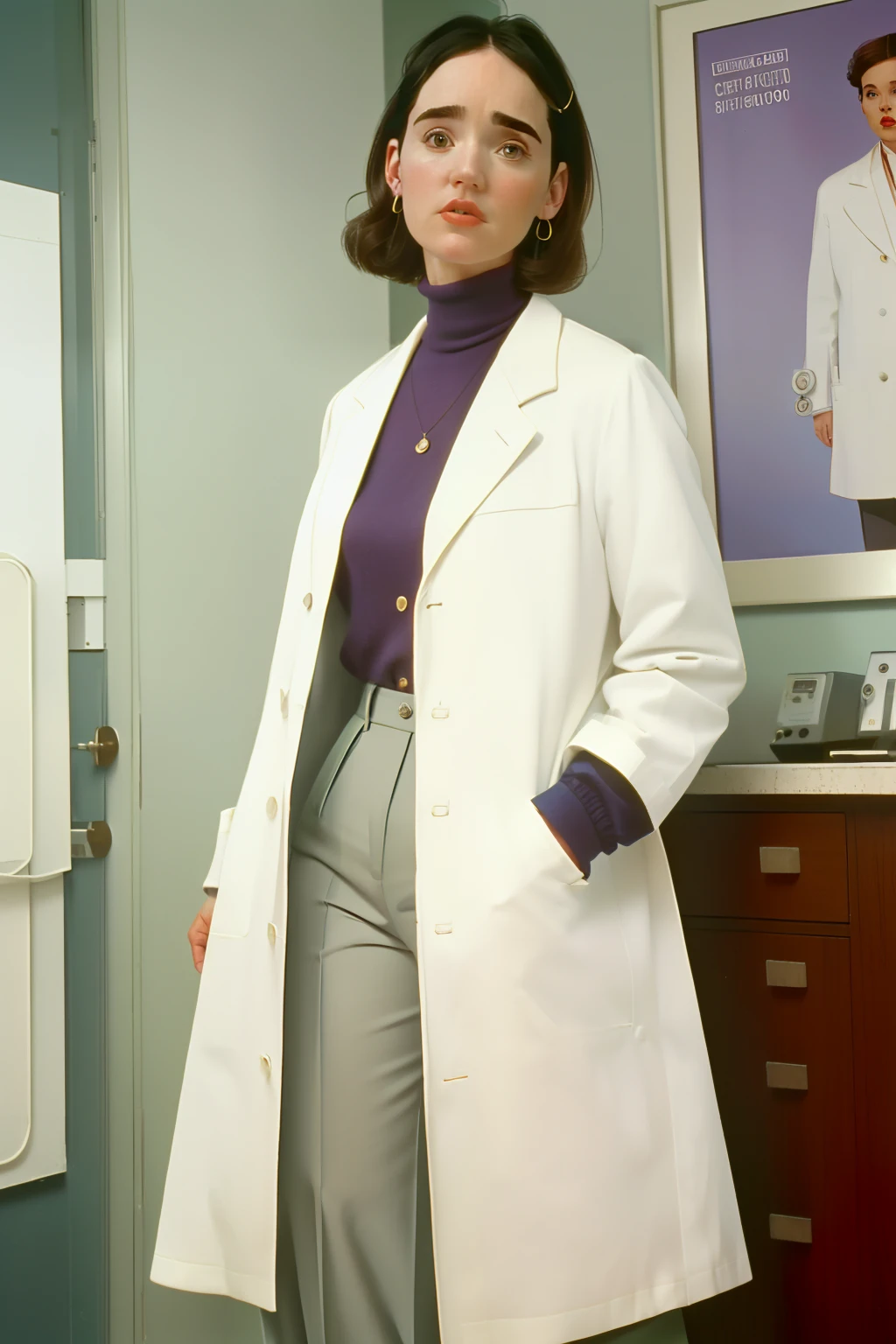1995, Boston. Pre-raphaelite ((((40-year-old)) jennifer connelly)), doctor, hospital office, working, ((((casual Clothing from the 1990s, tailored pants and bouse, white coat)))) ((short Hairstyle of the 1990s)), ((Wes Anderson cinematic style)), colorful
