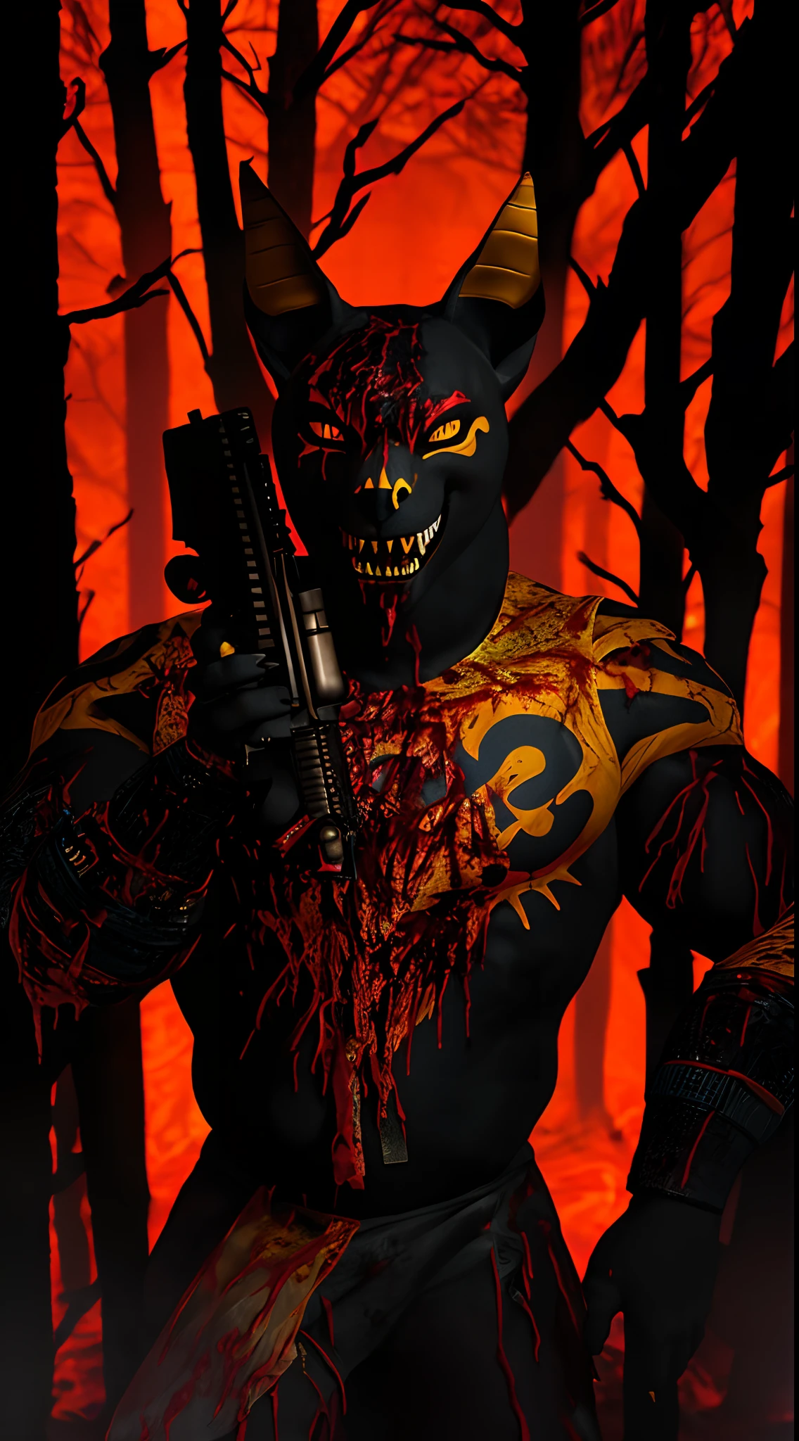 Halloween special - Neferu looking at the viewer with a lot of hatred in his eyes holding a gun covered in blood in his hand full body covered in blood a very scary and dark smile weird background of a forest on fire sharp teeth and covered in blood an original 3D look