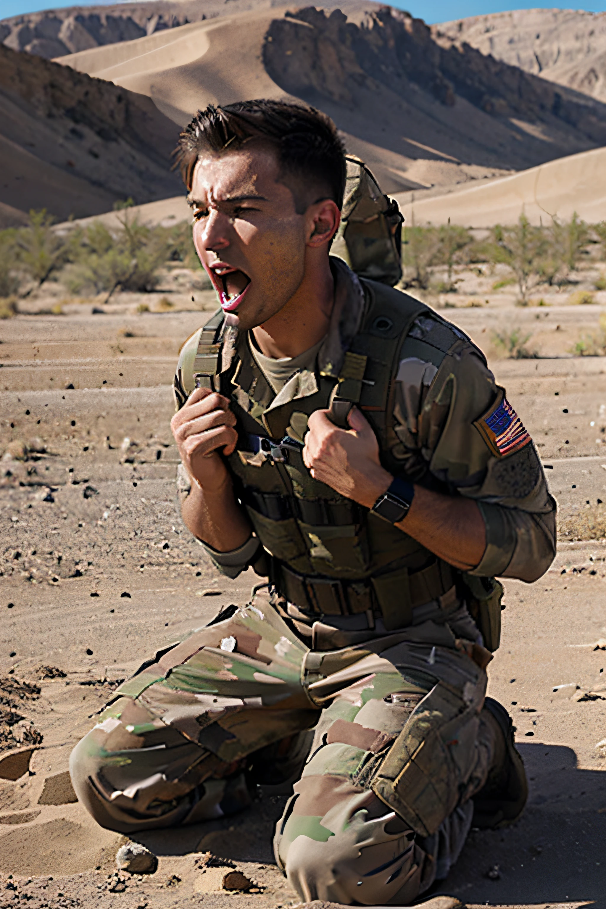 american, male, soldier, combat medic, kneeling, desert, head back, screaming
