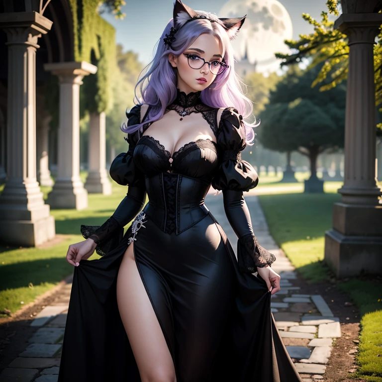 une femme adulte avec des lunettes dans un parc , At night, Full Moon , Black wedding dress with sleeves, Robe moulante, robe près du corps, black wedding viel, ta , gothiques, long skirt, cat ears, white stockings, Dark and purple hair, cheveux noirs et mèches violettes, oreilles de chat sur la tête, gros seins, belle poitrine , Décolleté important, Avatar de seconde vie, Belle capture d’écran, charme , Seconde vie, Plan rapproché entre les jambes , femme séduisante, portant des lunettes noires brillantes