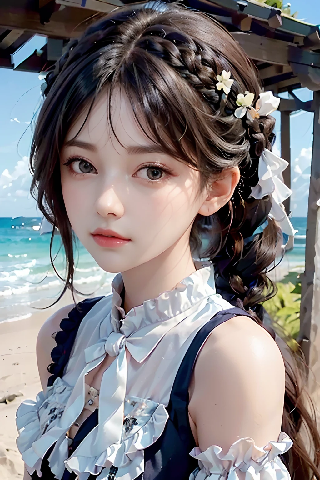 best quality, ultra hi res, photoreaslistic, a photography of a beautiful woman, 30yo teen age, detailed face, black Messy fishtail braid, (detailed porcelain doll,delicate clothes with a lot of frills and ribbons), Beach, (face close up), seductive look, looking at viewer
