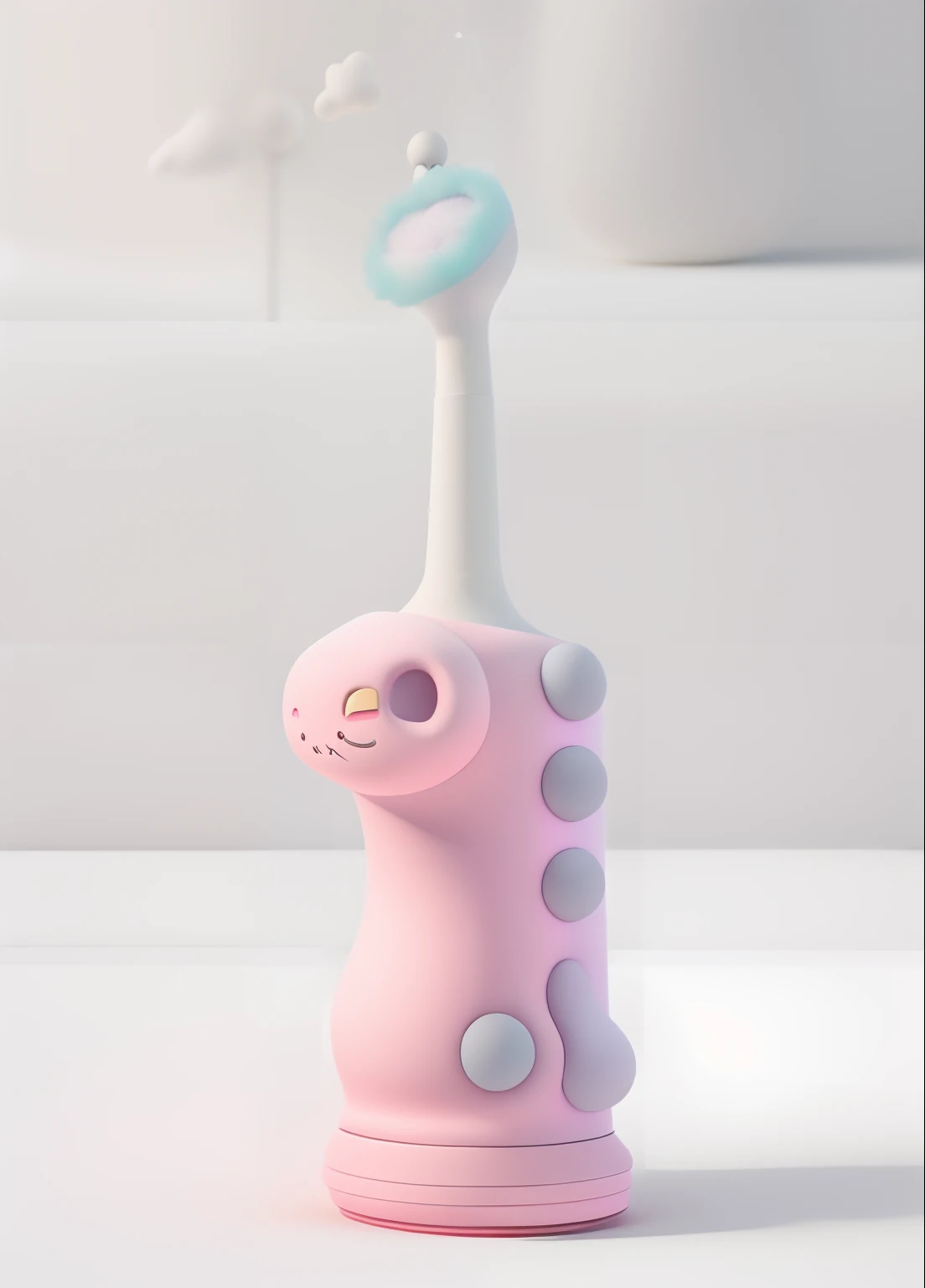 Children's toothbrush industrial design，Toothbrush handle is a variety of plastic cute cartoon animals，Such as a panda、o cachorrinho、 cats、Rabbits, etc，The brush head and bristles are the colors of the animal、Handle and animal eyes、nase、Details such as mouth matching，The overall look was lovely、intriguing，Suitable for children， Lovely kawaii isometric view， （Pink big breasts， white colors， amarelo， purpleish color）， Comfortable and soft， lighting particle， Dynamic light effects， A futuristic， incredibily detailed， Hyper-Resolution