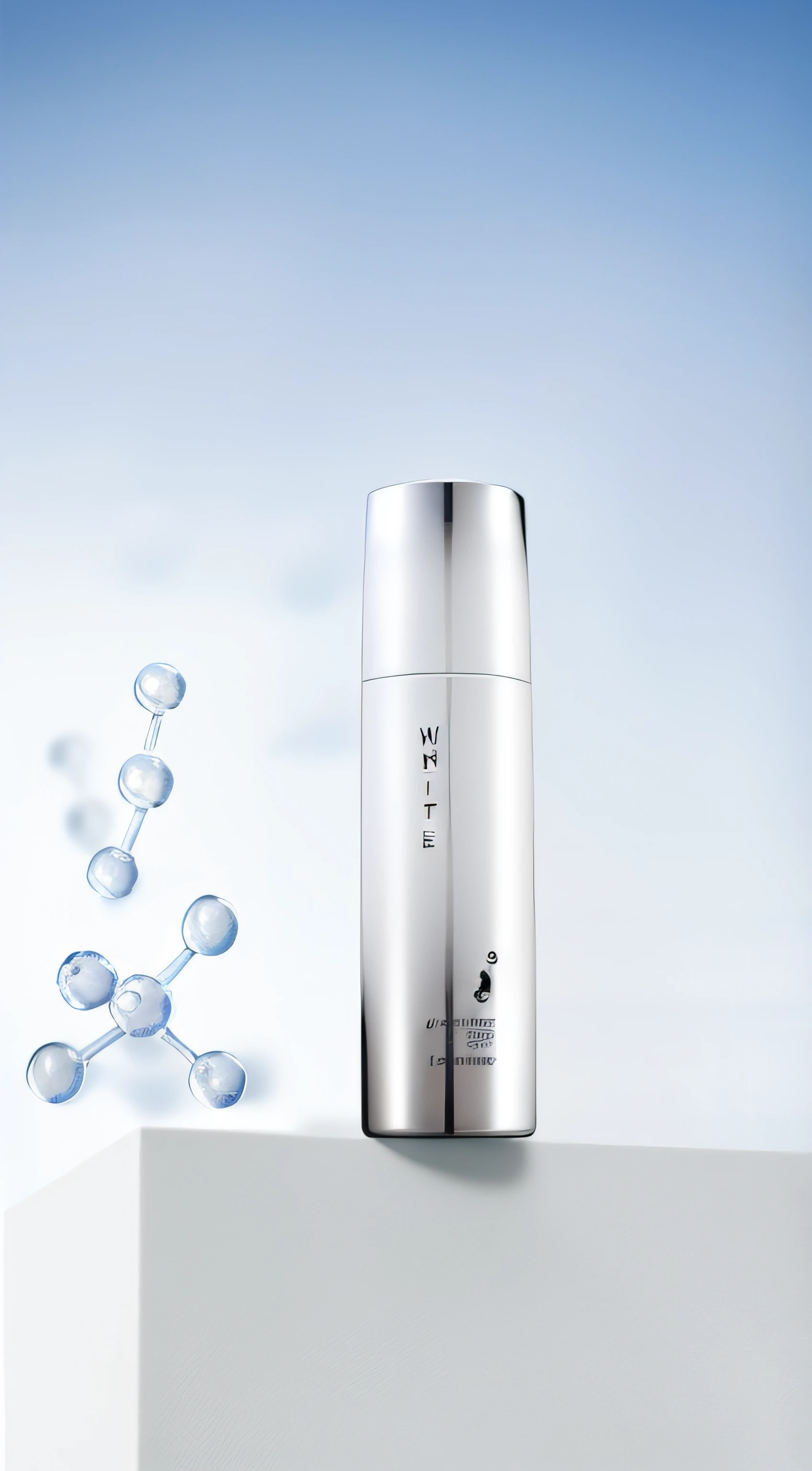 There was a bottle of water on the table，There are bubbles coming out of it, White shiny skin, Milky white skin, White porcelain skin, Shiny white skin, with white, sleek white, gleaming white, ji-min, White mist, White head, Porcelain white skin, Product photo, whie tcolor, Detailed picture, Official product image, White skin