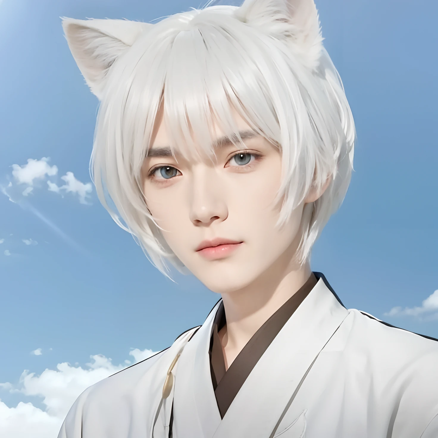 A man with realistic white hair, exactly the same hairstyle, realistic handsome face, realistic cool expression, exactly the same clothes,Realistic white and brown kimono, realistic light, realistic shadows, realistic background, realistic white cat ears