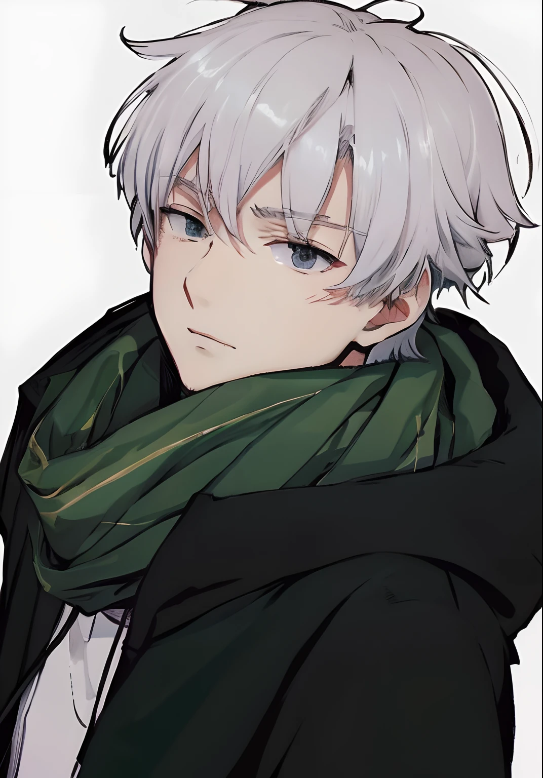 1 boy, inumaki toge, white hair dark green scarf, black jacket, white t-shirt