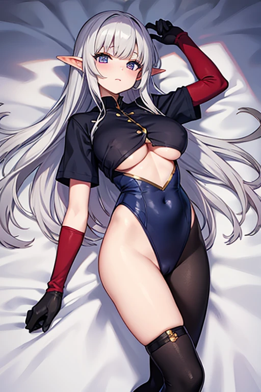 elven girl,silver long hair ,large breast,BREAK,(button gap:1.1),navy polyester leotard,cutout between underboob,black short sleeves,BREAK,boots,red long gloves
