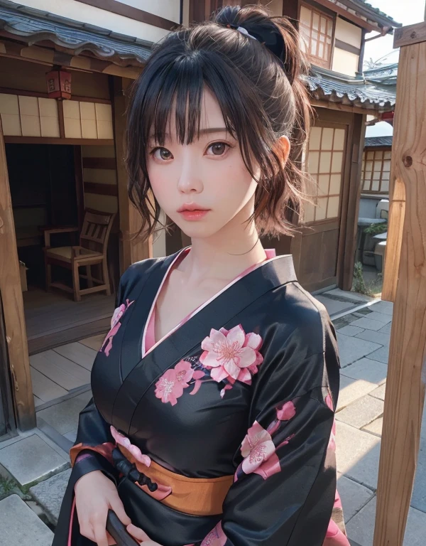 teats、(top-quality、8K、32K、masterpiece、超A high resolution、nffsw:1.3)、(Japan idol:1.3)、1girl in、small tits、(short-hair)、abdominals、the perfect body、((Takan Ninja)), Delicate facial features, Ultra-realistic, Hyper-realistic, 鎖骨、Shadow、octan render、((Wear a beautiful kimono with a high degree of exposure)),hyperdetailed face、Detailed lips、finely eye、二重まぶた、(魅惑的)、((agitation:1.5))、maikurobikini、Navel、、Aside、、((Female ninja)),Kunoichi Ninja、Japan holding a sword、Mystical expression、shrine background、Old Town of Japan、((Light chest)),