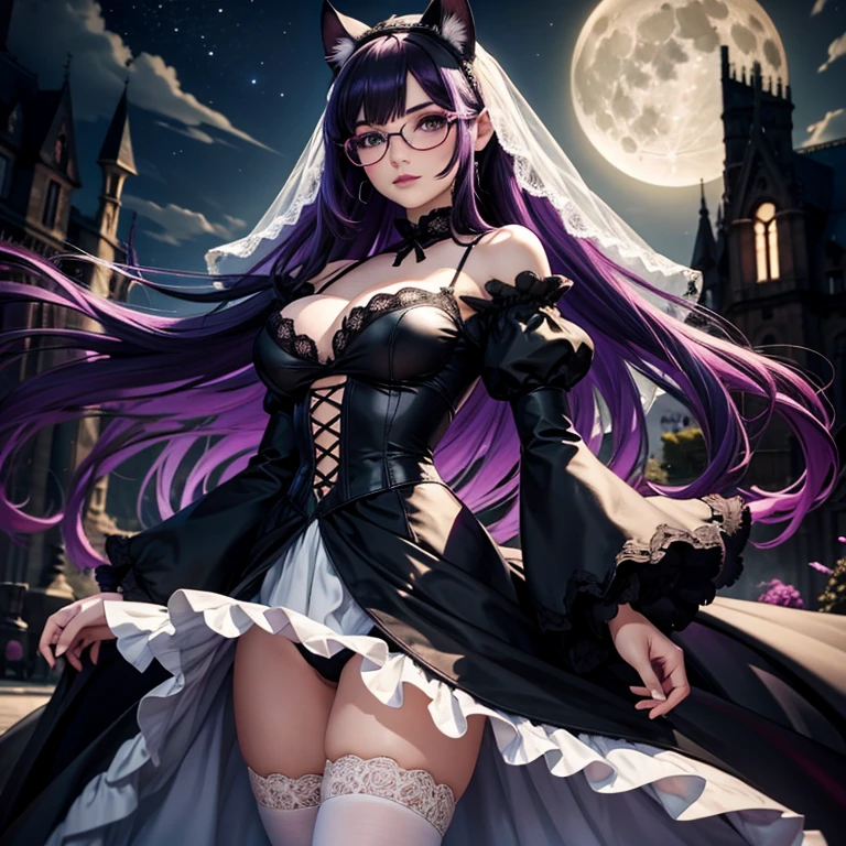 une femme adulte avec des lunettes dans un parc ,Black wedding dress with sleeves, Robe moulante, robe près du corps, black wedding viel,  , gothiques, long skirt, cat ears, white stockings, Dark and purple hair, cheveux noirs èches violettes, oreilles de chat sur la tête, gros seinsitrine , Décolleté important, Avatar de seconde vie, Belle capture d’écran, charme , Seconde vie, Plan rapproché entre les jambes , femme séduisante, portant des lunettes noires brillantes, FMoon, Dark Sky, Night