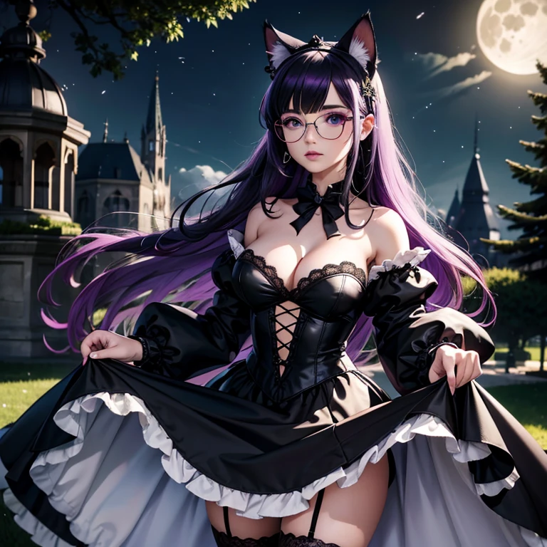 une femme adulte avec des lunettes dans un parc ,Black wedding dress with sleeves, Robe moulante, robe près du corps, black wedding viel, ta , gothiques, long skirt, cat ears, white stockings, Dark and purple hair, cheveux noirs et mèches violettes, oreilles de chat sur la tête, gros seins, belle poitrine , Décolleté important, Avatar de seconde vie, Belle capture d’écran, charme , Seconde vie, Plan rapproché entre les jambes , femme séduisante, portant des lunettes noires brillantes, Full Moon, Dark Sky, Night