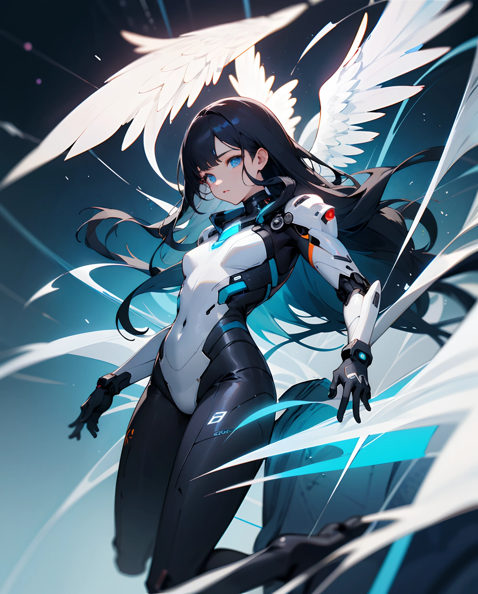 top-quality、Top image quality、masterpiece、超A high resolution、Android Beautiful Girl、sixteen years old, Glowing white cyber suit, Blue energy source for the chest、Black hair、The long-haired,Blue eyes、A slender、Angelic figure、The face is depicted in detail、Eyes are drawn in detail、Clothes are depicted in detail、hiquality、Beautiful Art、Fantastic Universe、Elaborate design、The background is detailed、soio、sorcerer、animesque、illustratio、Full body front