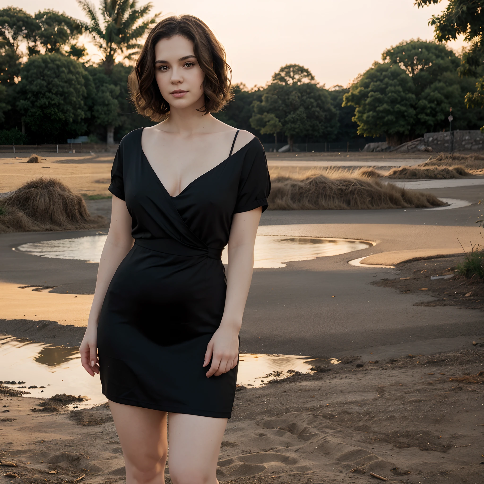 Brunette, short wavy hair, thick, mid 30s, pale skin, casual clothes, full body, handheld shot, golden hour, black dress, v neck