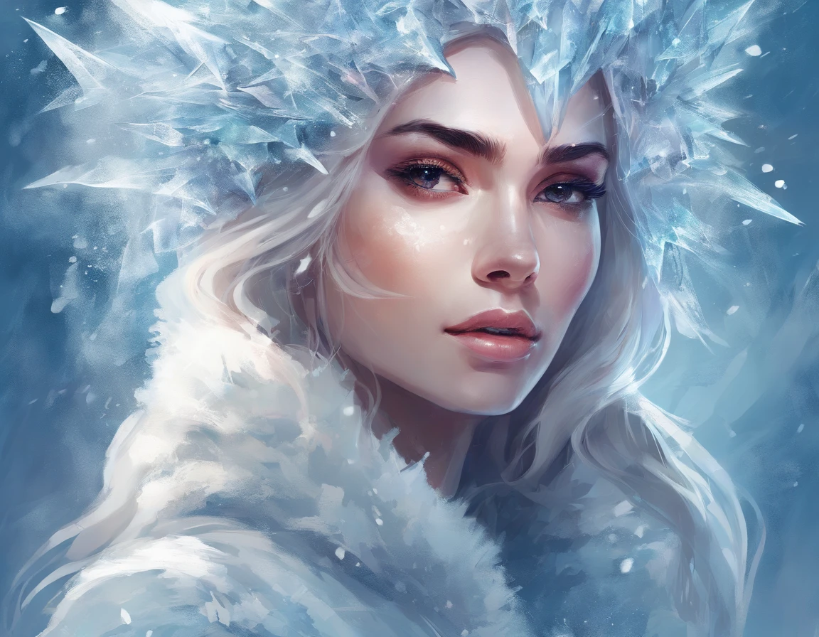 portrait of young woman, ice princess, with big ice crystalls and snow in hair, cool winter colors, painting with strokes, ultra deiales HD quality