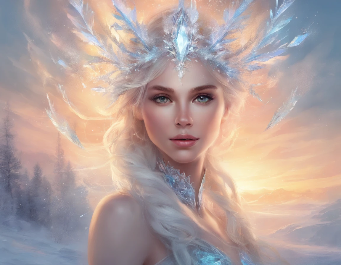 portrait of young woman, ice princess, with big ice crystalls and snow in hair, cool winter colors, painting with strokes, ultra deiales HD quality