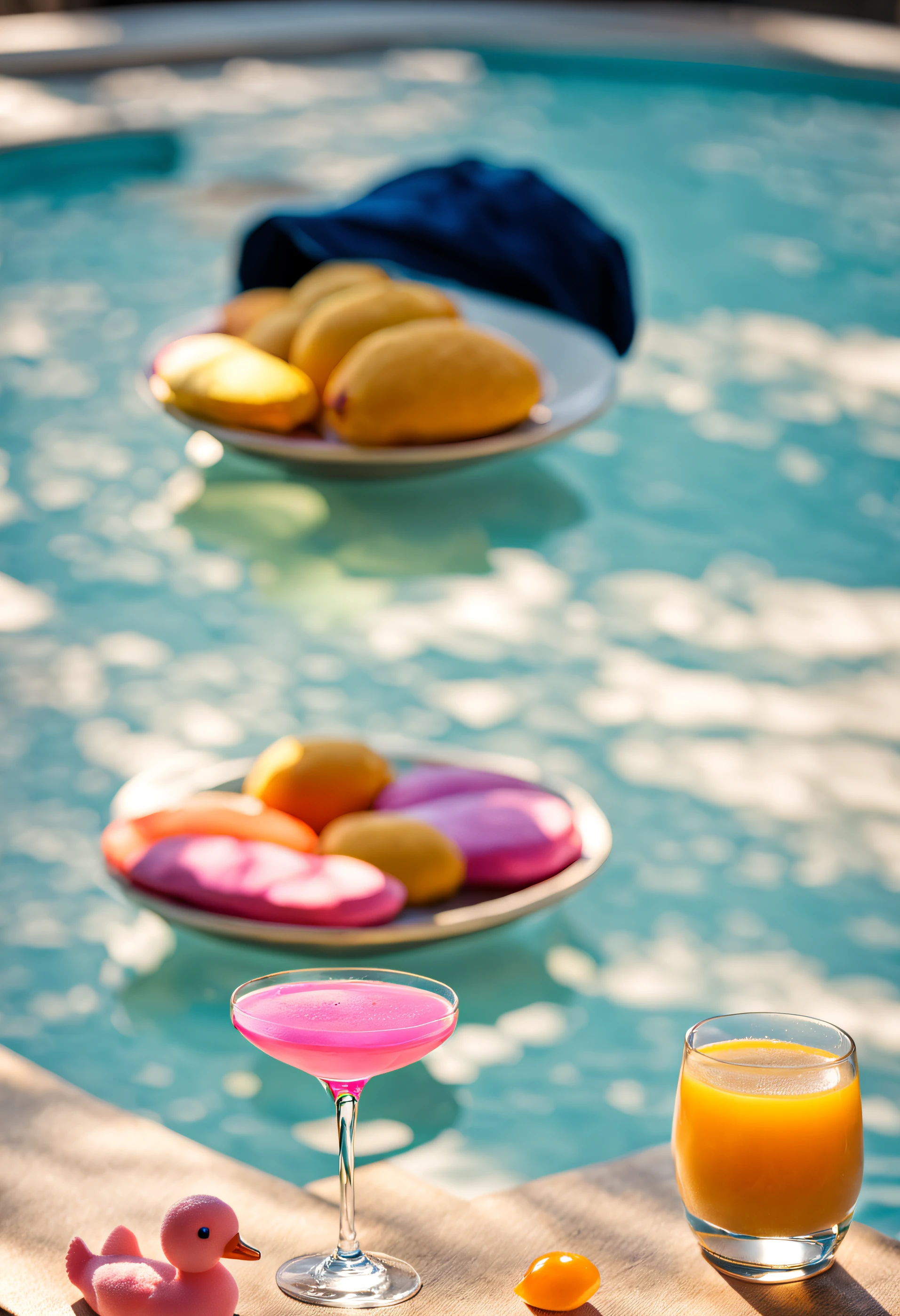 a pink duck,Blue hat,Colorful bubble pool,Next to diamond jewelry,A glass of orange juice spilled,Natural light,degrees of freedom,8k,best qualtiy