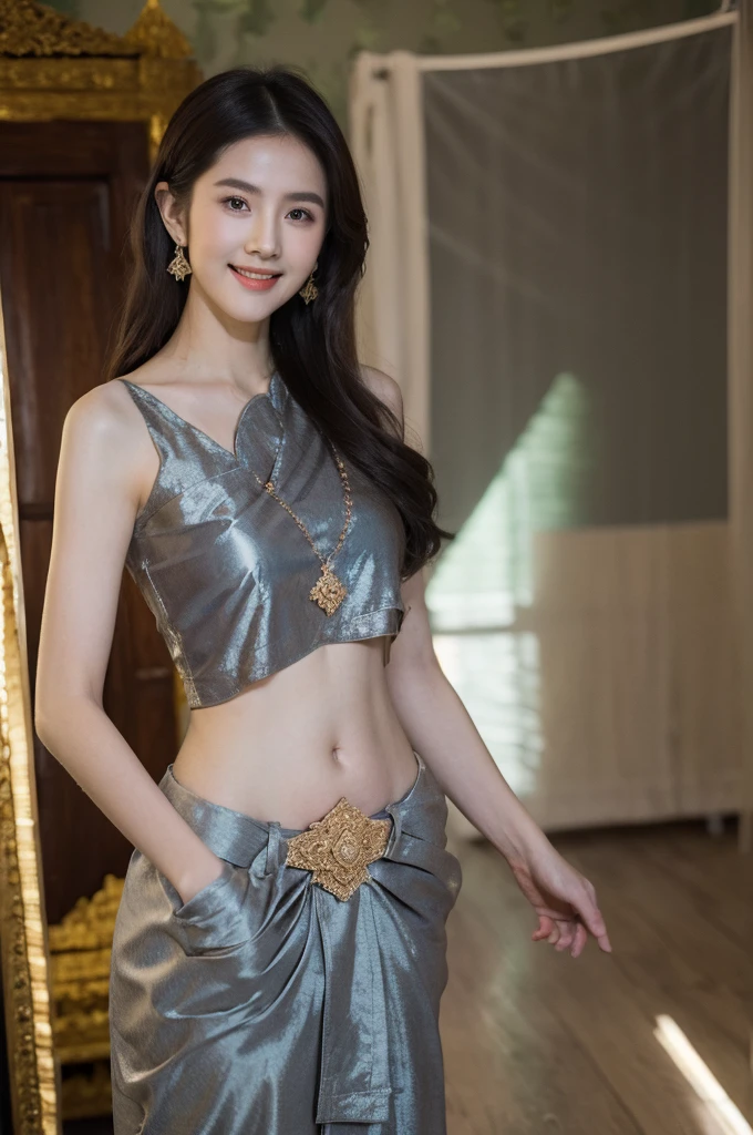 8k, masterpiece, RAW photo, best quality, photorealistic, extremely detailed CG unity 8k wallpaper, Depth of field, Cinematic Light, Lens Flare, Ray tracing, (extremely beautiful face, beautiful lips, beautiful eyes), intricate detail face, ((ultra detailed skin)) 1girl, in the dark, deep shadow, pretty girl, (very slim slender fit-muscled body:1.3), ((looking at viewer)), (big smile:1.3), clear eyes, front shot, (pale skin), (big eyes), face forward, (brown hairs), (looking at viewer:1.3), very slim, small breasts, (upper body shot), BREAK (windy:1.4), (floating hair:1.3), (black sabai:1.4), (traditional thai dress:1.2), (jewelry:1.3), (navel:1.2), in wonderful garden, sunray, sun raise, sun light,