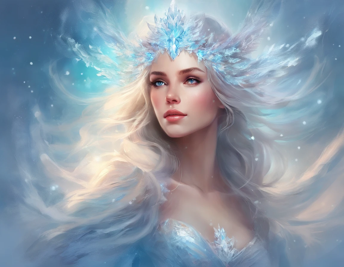 Portrait of a Young Woman, ice princess, with big ice crystals and snow in her hair, cool winter colors, brush stroke painting, ultra-deales HD quality