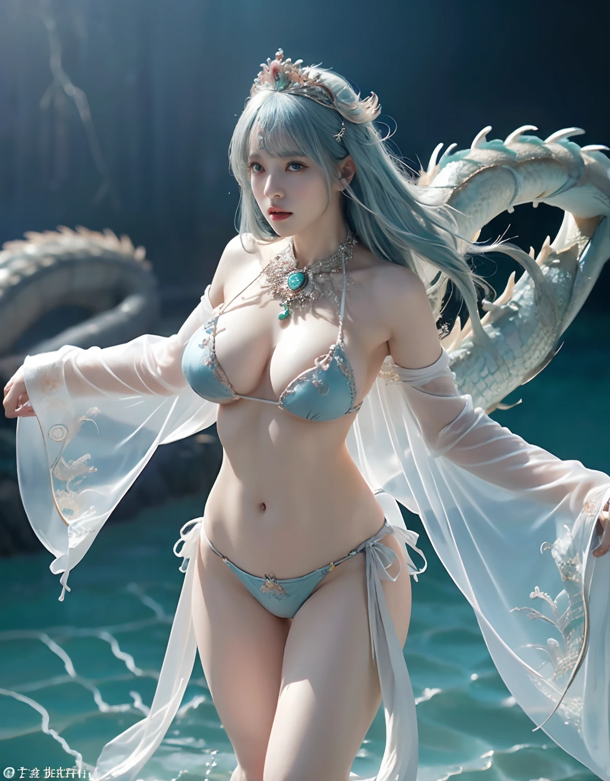 (heavy breasts)、top-quality、masterpiece、超A high resolution、(White Ragon Armor)、(((Colossal tits))),dragon armor、(((Detailed Micro Bikini))),(Wear a beautiful crown made of intricate gemstones),(Photorealsitic:1.4)、Raw photo、1人、(((Random hair))、(((Take different poses)))、glowy skin、(((Chinese Dragon)))、Intricate and ornate hair ornaments、(Gorgeous Jewelry Necklaces)、(Mystical expression)、(Full Body Angle)、((Light blue hair)),(Fight big dragons)、(Black Metal Bikini)、(((sea the background of))),、(falls)、Precipitous cliffs、(Background of ancient ruins)、((super realistic details))、portlate、globalillumination、(sexypose)、Shadow、octan render、(One-Eyed Scouter)、8K、ultrasharp、Colossal tits、Raw skin is exposed in cleavage、metals、Details of complex ornaments、Japan details、highly intricate detail、Realistic light、CGSoation Trends、Blue eyes、radiant eyes、Facing the camera、Toostock、(Full Body Angle)、(veils)、(((sea the background of)))、