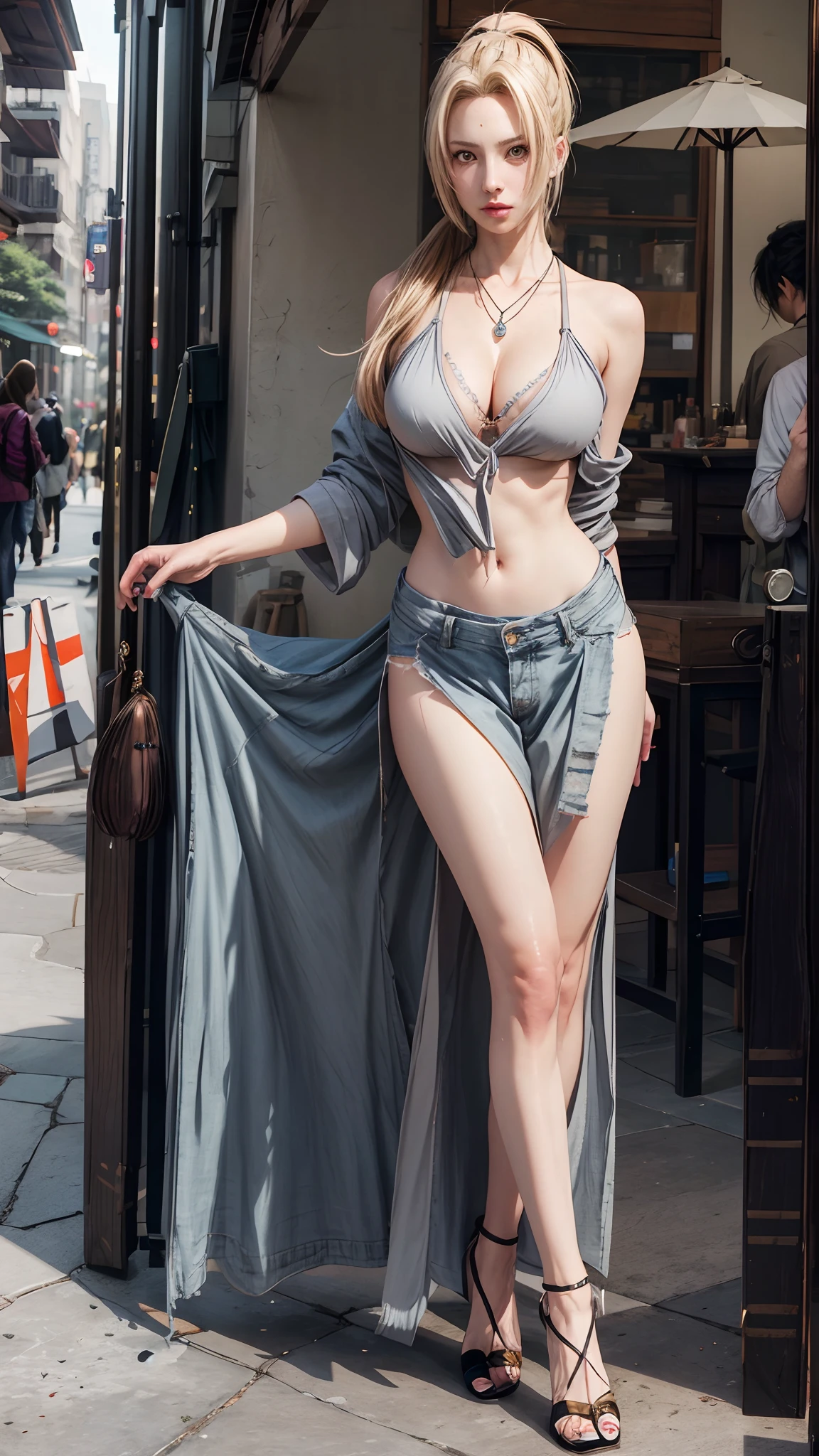 realistic, 1girls, Tsunade, best quality, 12k, HD, long hair, big round breasts, cleavage, ponytail, necklace, jewelry, shorts, slim hips, hair band, yellow eyes, yellow hair, super detailed, Eye details , hair details, person details, mouth details, face details, breast details, clothes details, hair details, pants details, hand details, whole body