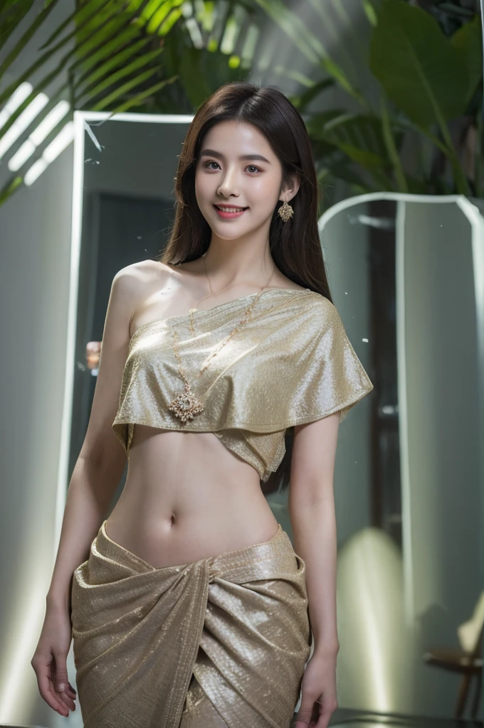 8k, masterpiece, RAW photo, best quality, photorealistic, extremely detailed CG unity 8k wallpaper, Depth of field, Cinematic Light, Lens Flare, Ray tracing, (extremely beautiful face, beautiful lips, beautiful eyes), intricate detail face, ((ultra detailed skin)), (liuyifei:0.2) 1girl, deep shadow, pretty girl, (very slim slender fit-muscled body:1.3), ((looking at viewer)), (big smile:1.3), clear eyes, front shot, (pale skin), (big eyes), face forward, (brown hairs), very slim, small breasts, BREAK (dark colorful long sabai:1.4), traditional thai dress, (jewelry:1.3), (navel), BREAK in dark tropical_forest, colorful_tropical_flower, (hard light, light rays, dappled light, shadows, Lens Flare, ray tracing:1.6),