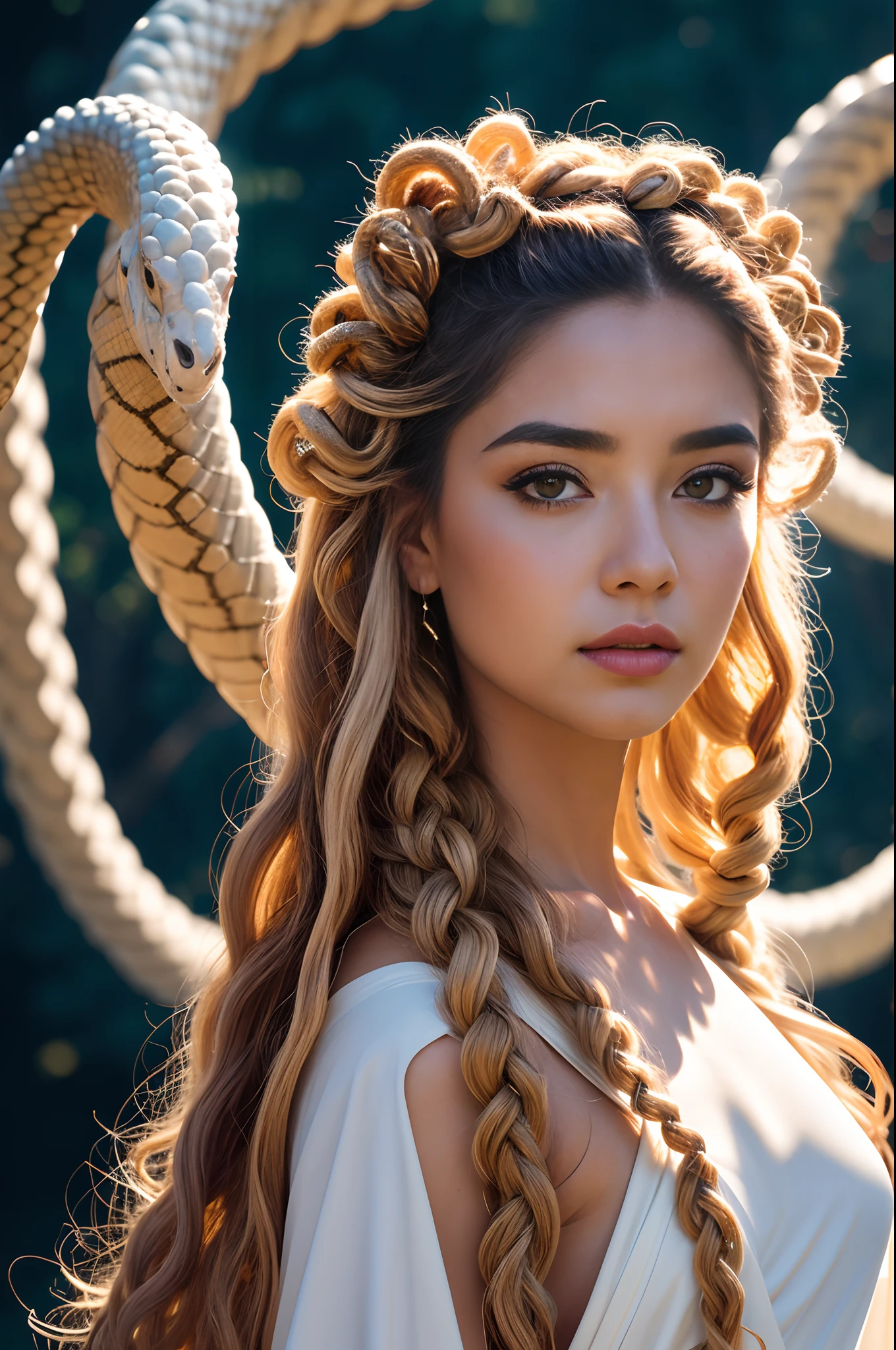 A beauttiful medusa woman wearing a white toga, her hair is a mass of snakes, writhing asps,best quality masterpiece, realistic photo, intricately detailed, 8k, HDR, shallow depth of field, wide light, high contrast, backlight, light flares, chromatic aberration, sharp focus, RAW color photo, looking at the camera, various poses