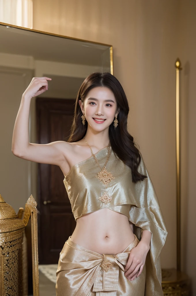 8k, masterpiece, RAW photo, best quality, photorealistic, extremely detailed CG unity 8k wallpaper, Depth of field, Cinematic Light, Lens Flare, Ray tracing, (extremely beautiful face, beautiful lips, beautiful eyes), intricate detail face, ((ultra detailed skin)), (liuyifei:0.2) 1girl, deep shadow, pretty girl, (very slim slender fit-muscled body:1.3), ((looking at viewer)), (big smile:1.3), clear eyes, front shot, (pale skin), (big eyes), face forward, (brown hairs), very slim, small breasts, BREAK (dark colorful long sabai:1.4), traditional thai dress, (jewelry:1.3), (navel), BREAK in dark tropical_forest, colorful_tropical_flower, (hard light, light rays, dappled light, shadows, Lens Flare, ray tracing:1.6),