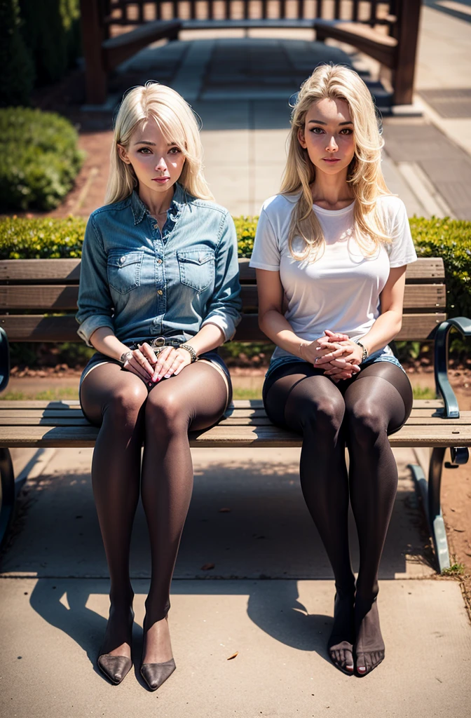 Park bench, 45 years old blonde, skinny, (front view), (full body view), (beautiful hands), (masterpiece), (((best quality))), (perfect Feet:1.1), (beautiful legs in hightights), (perfect face), shirt, jean mini shorts,