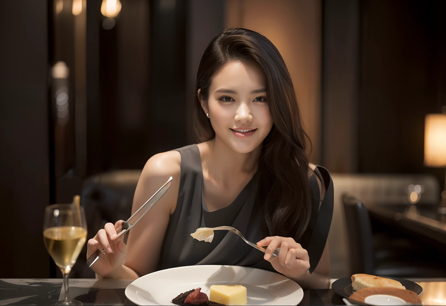 Best Quality, 超A high resolution, (Photorealistic:1.4), Raw photo, Beautiful woman eating at a luxury restaurant, She is so thin, Delicate body, Elegant beauty, Radiant skin, Lovely Zara sleeveless and delicate pleats (Gray:1.4) Black color dress, (2023SS:1.4), Solo, (Monochrome fashion:1.2), (Pleated accent:1.3), (Dynamic Pose:1), , Fashion brand ZARA, White background, Upper body,