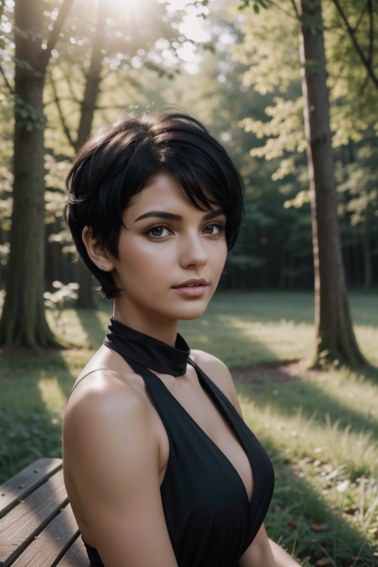 very high resolution, (fidelity: 1.4), photo, 1 girl, day, best quality, 8k, masterpiece: 1.3, ultra realistic, woman posing for a photo, looking straight into the camera, summer, standing on top of a mountain small mountain, peaks visible other mountains, ultra realistic and accurate skin texture like Anastazja Ovchinnikova, black short hair, short black hair with a fairy tale cut, with short hair like Olga Buzova, short black hair like Alina Ivanchenko, short dark hairstyle, fairy tale hairstyle, fairy tale hairstyle , like Yulia Gorokhova, leaning towards the camera, ultra realistic, short black fairy hair, outdoors, best quality, ultra high resolution, raw photo, bright diffused light, short sports shorts, short sports T-shirt